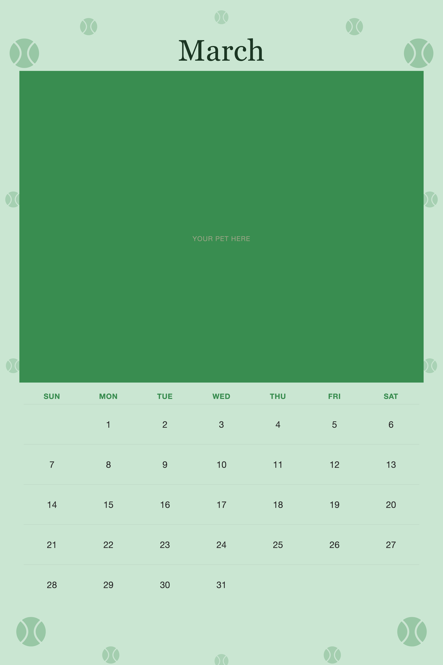 March page of the Personalized Dog Photo Wall Calendar 2027, with a photo area above the date grid