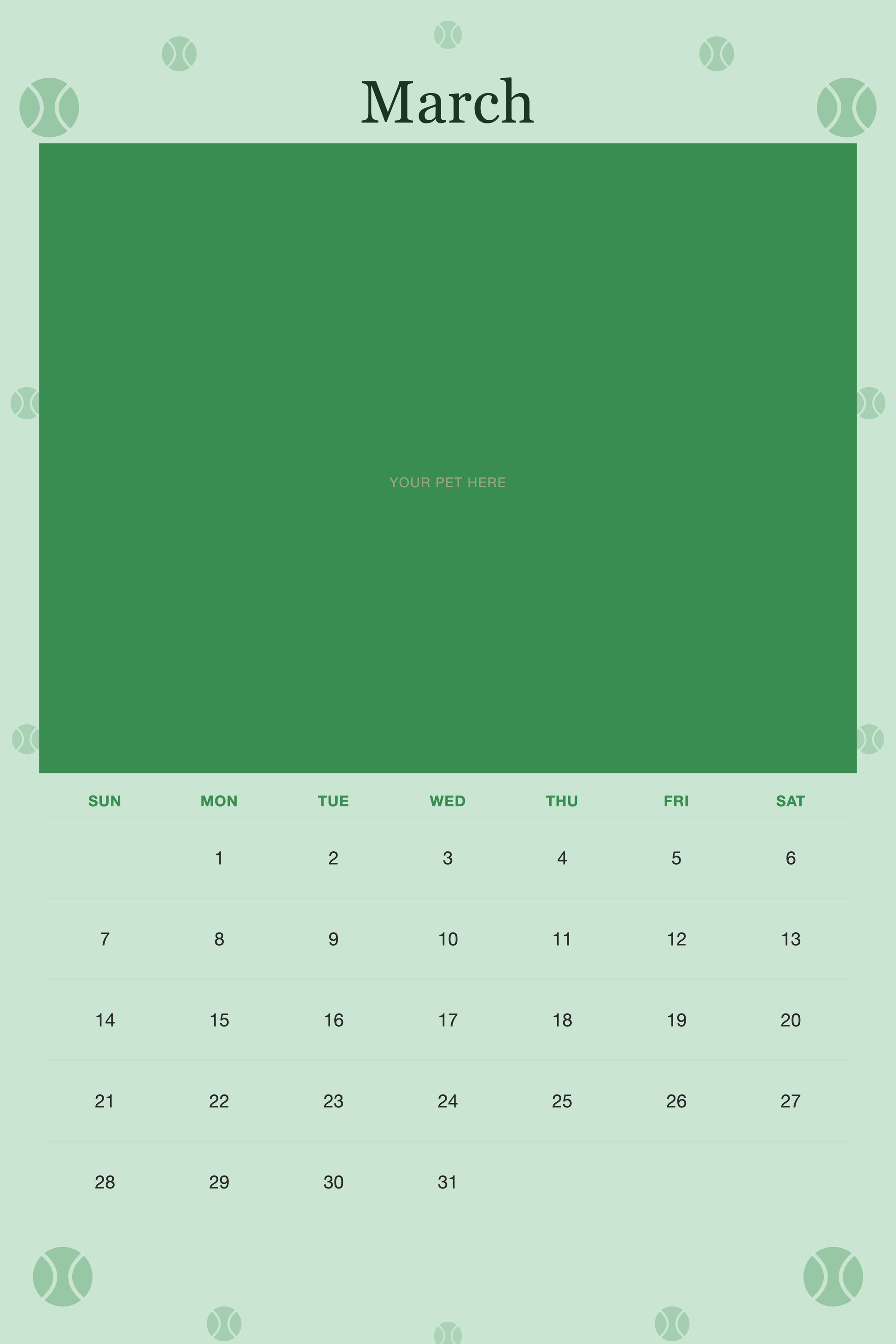 March page of the Personalized Dog Photo Wall Calendar 2027, with a photo area above the date grid
