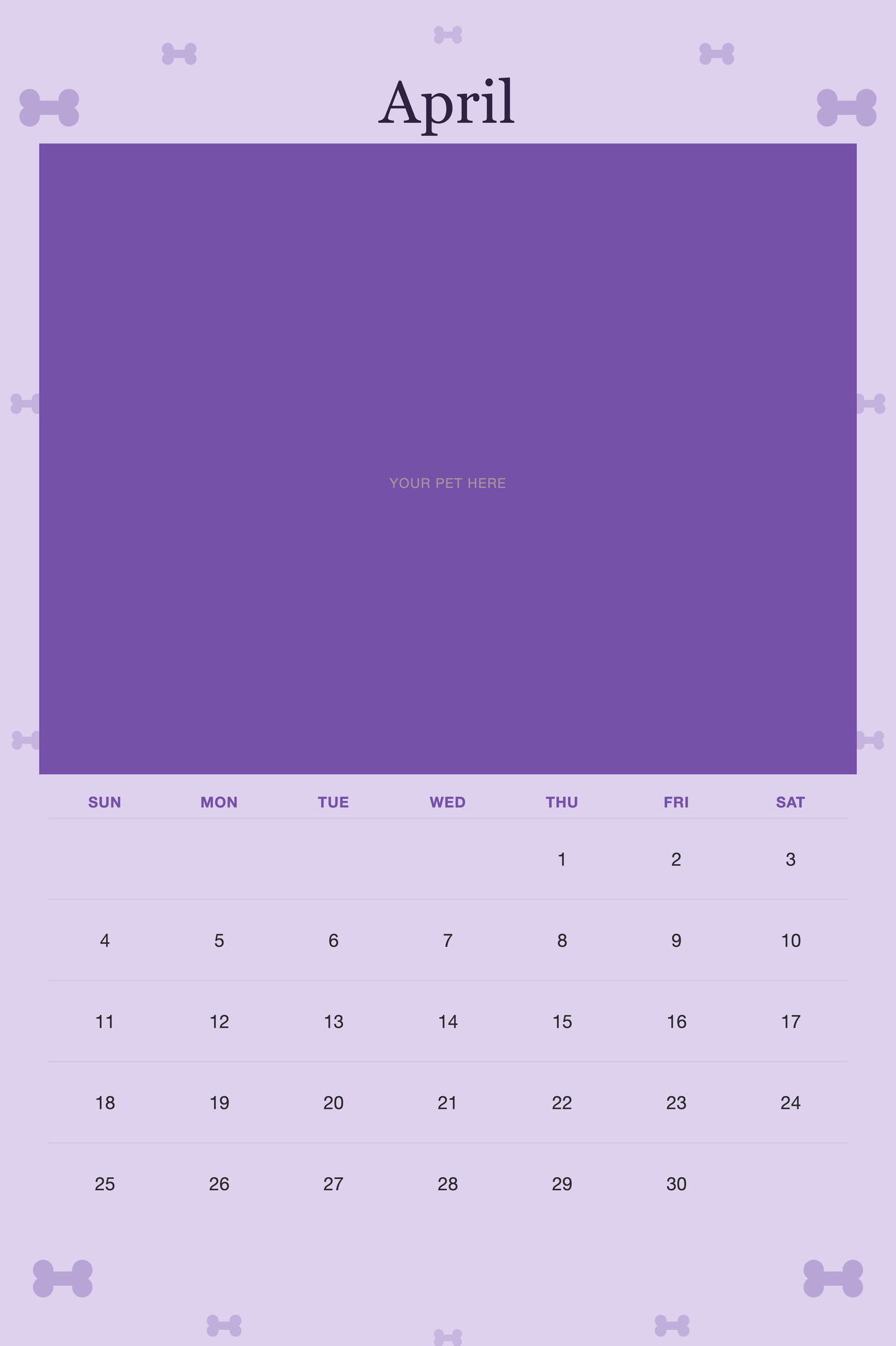 April page of the Personalized Dog Photo Wall Calendar 2027, with a photo area above the date grid