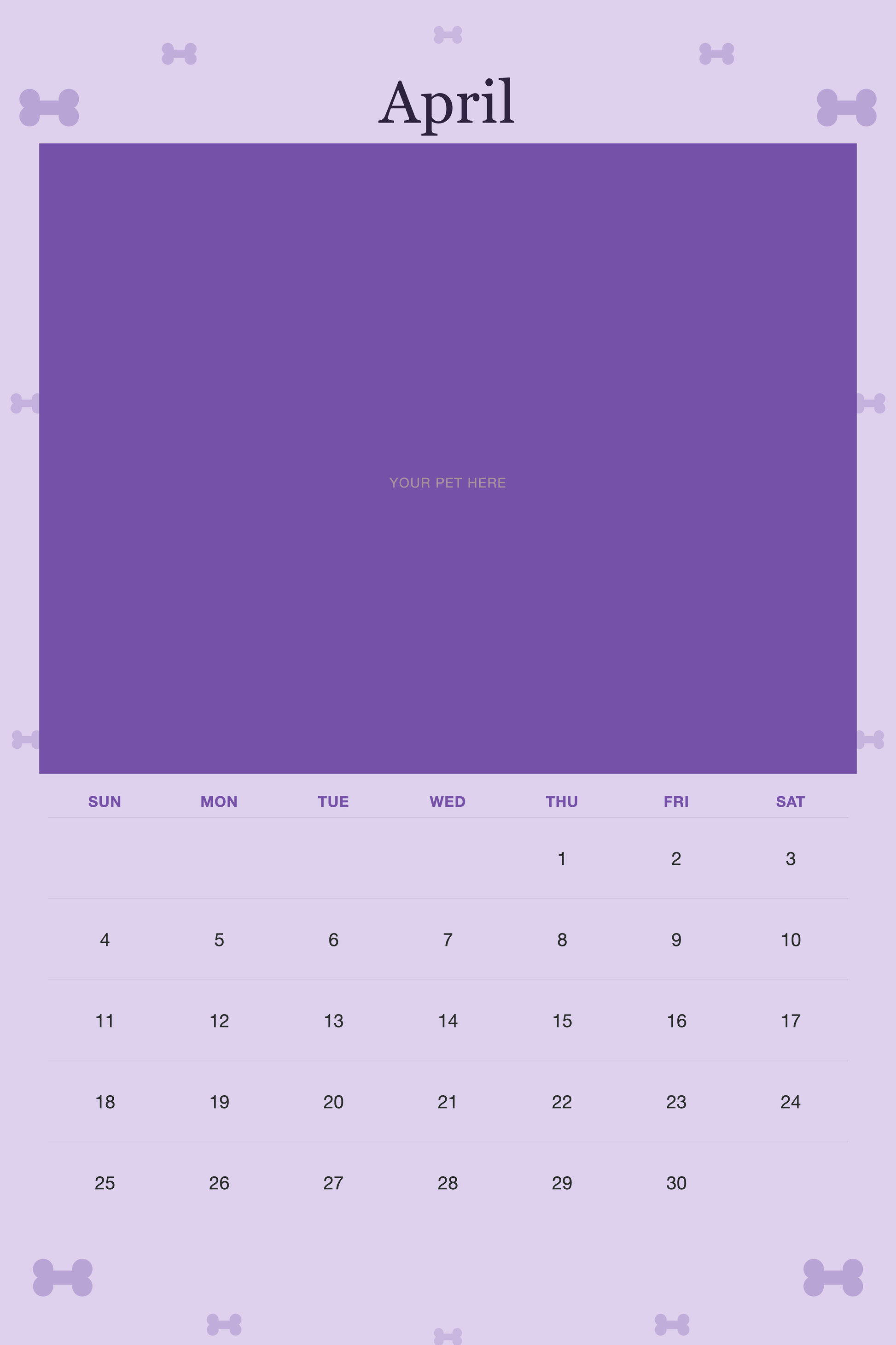April page of the Personalized Dog Photo Wall Calendar 2027, with a photo area above the date grid