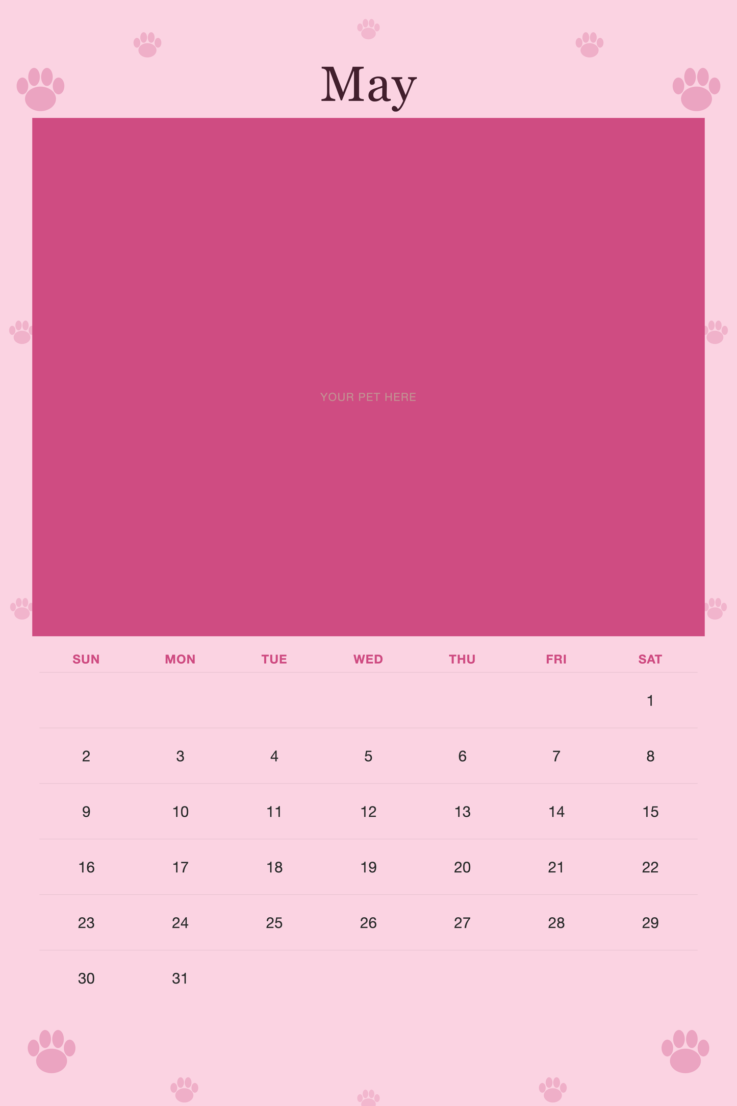 May page of the Personalized Dog Photo Wall Calendar 2027, with a photo area above the date grid