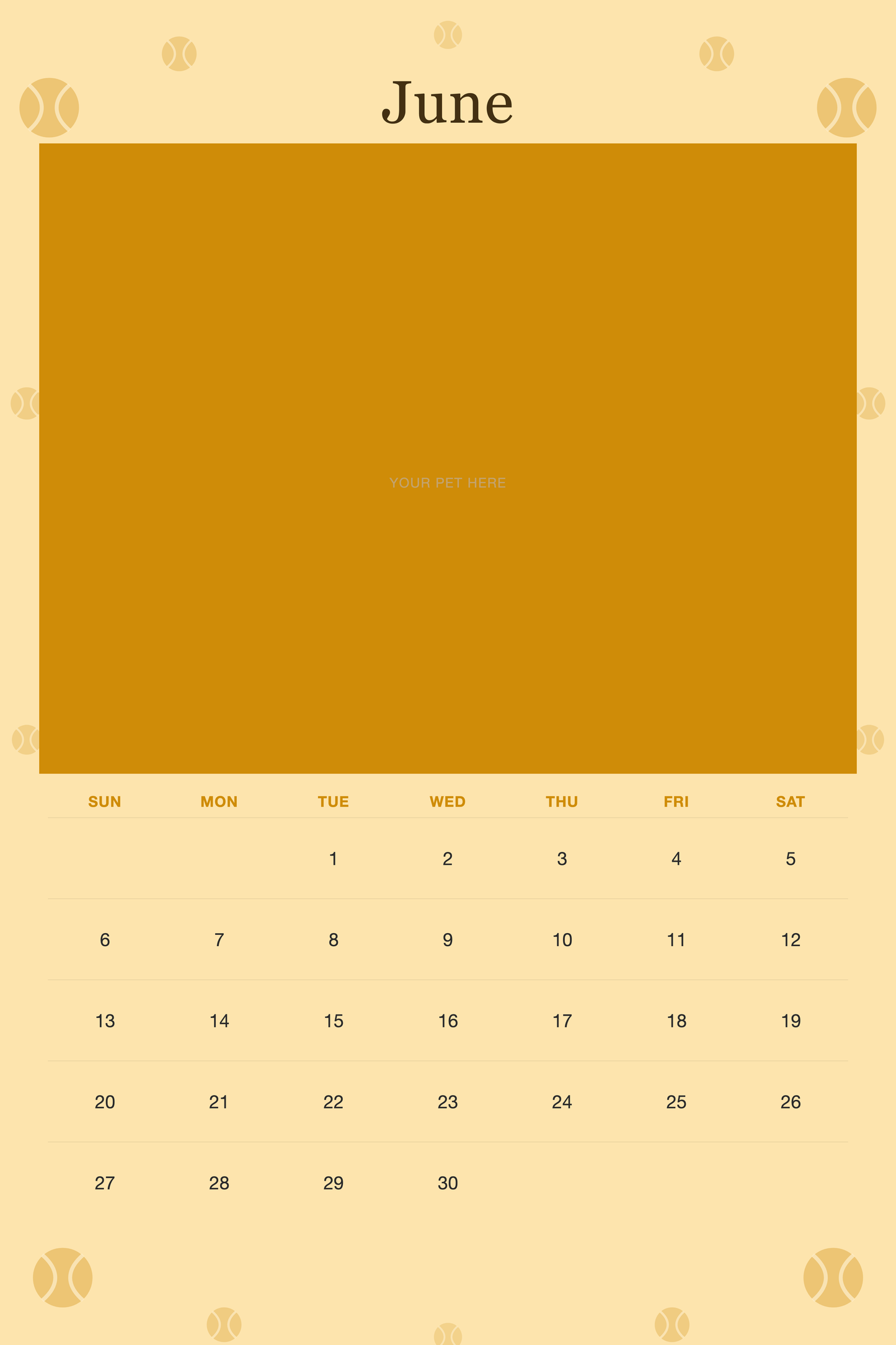 June page of the Personalized Dog Photo Wall Calendar 2027, with a photo area above the date grid