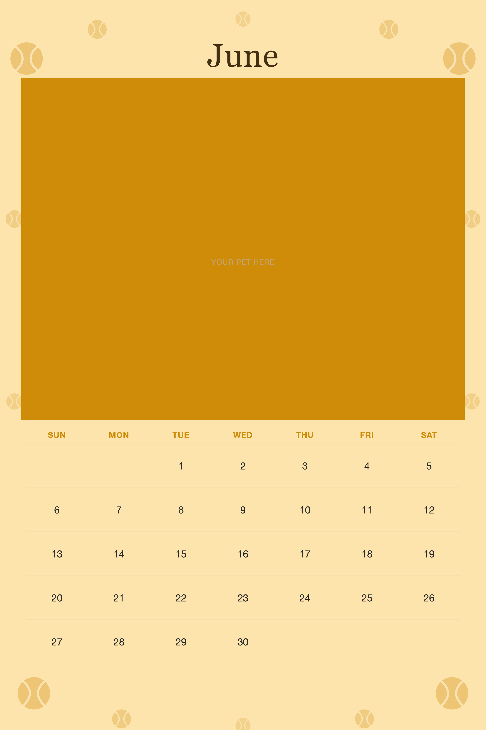 June page of the Personalized Dog Photo Wall Calendar 2027, with a photo area above the date grid