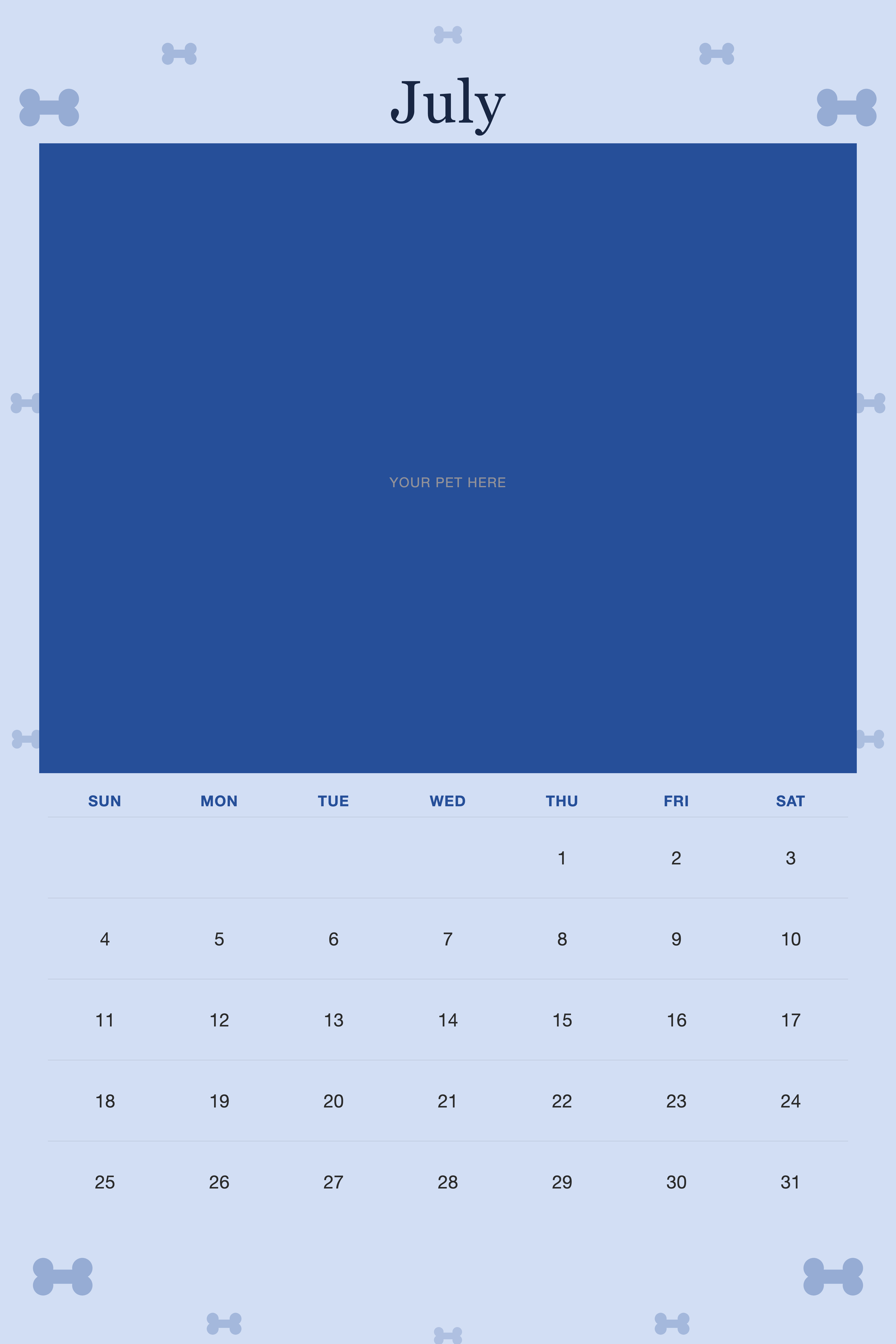 July page of the Personalized Dog Photo Wall Calendar 2027, with a photo area above the date grid