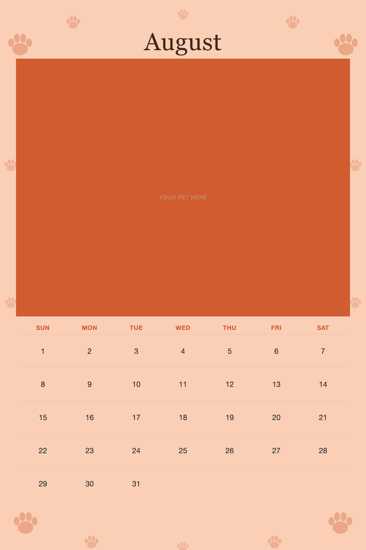 August page of the Personalized Dog Photo Wall Calendar 2027, with a photo area above the date grid