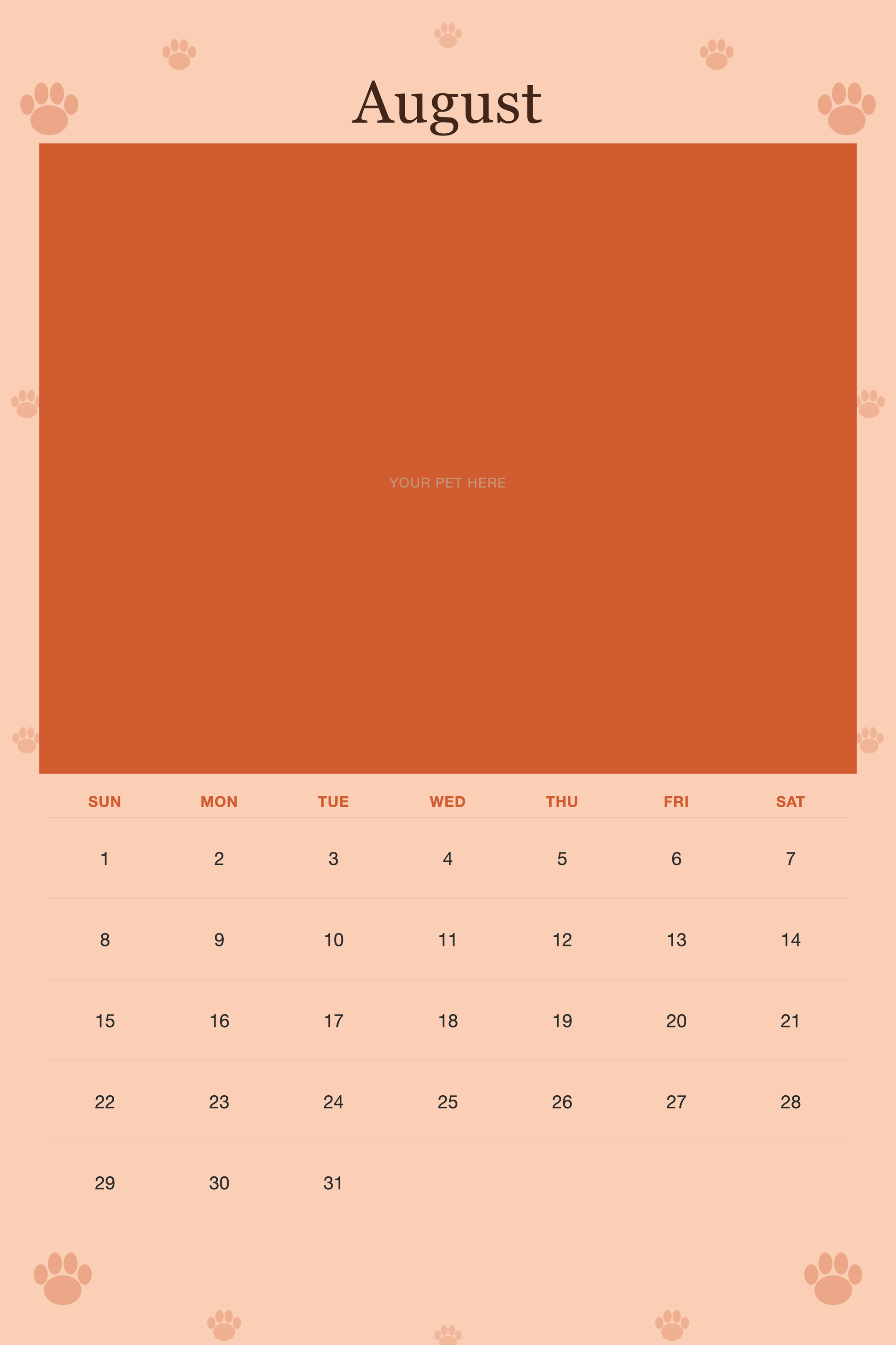 August page of the Personalized Dog Photo Wall Calendar 2027, with a photo area above the date grid