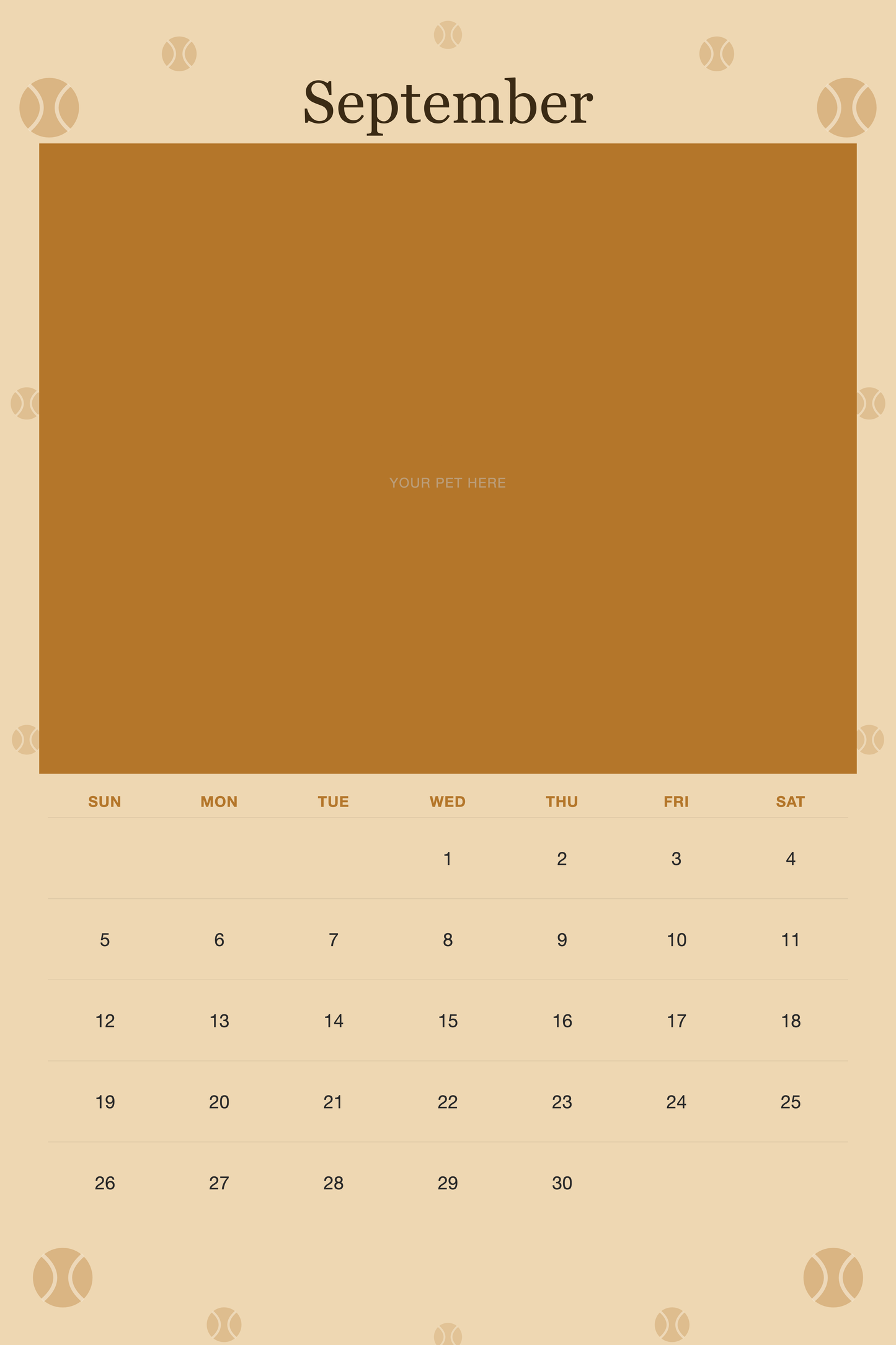 September page of the Personalized Dog Photo Wall Calendar 2027, with a photo area above the date grid