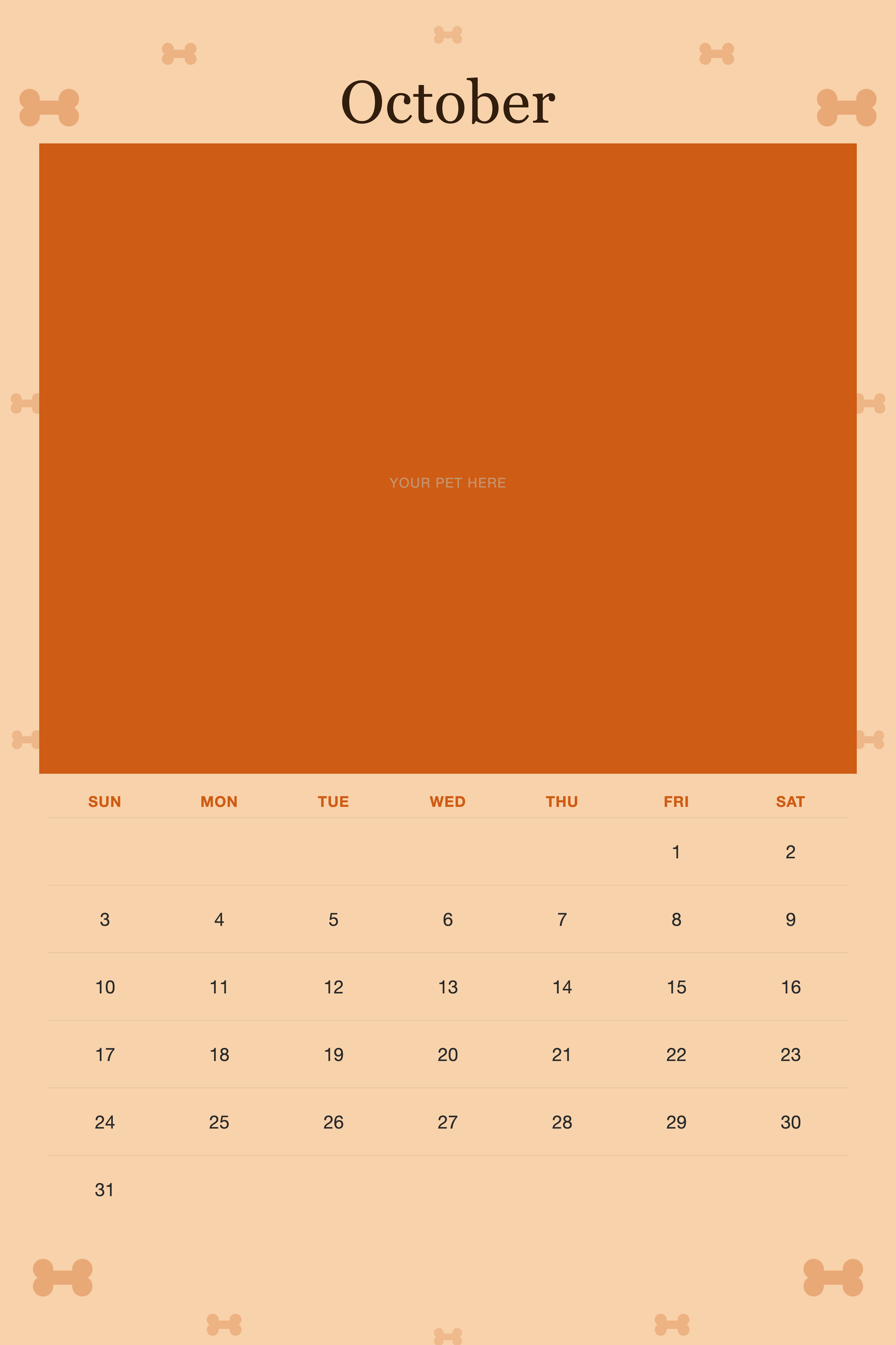 October page of the Personalized Dog Photo Wall Calendar 2027, with a photo area above the date grid