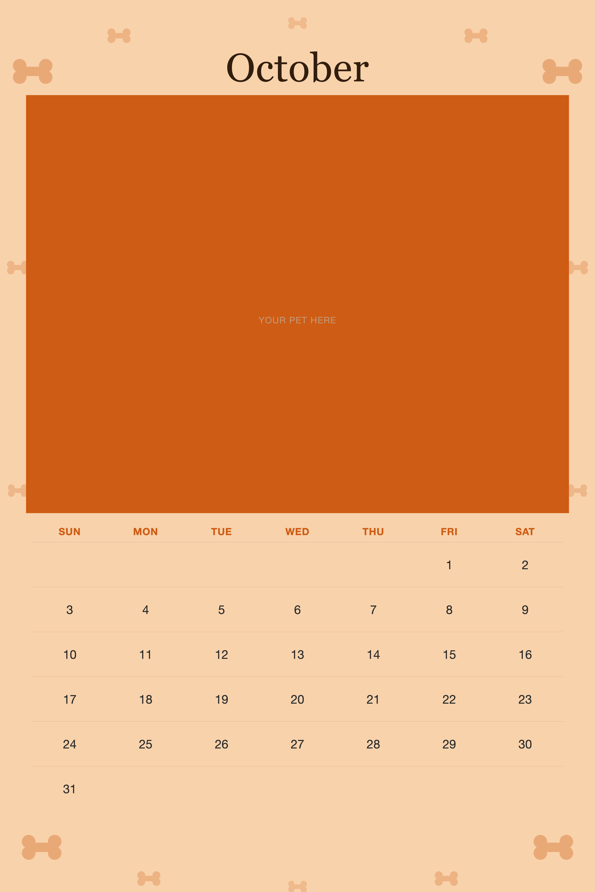 October page of the Personalized Dog Photo Wall Calendar 2027, with a photo area above the date grid