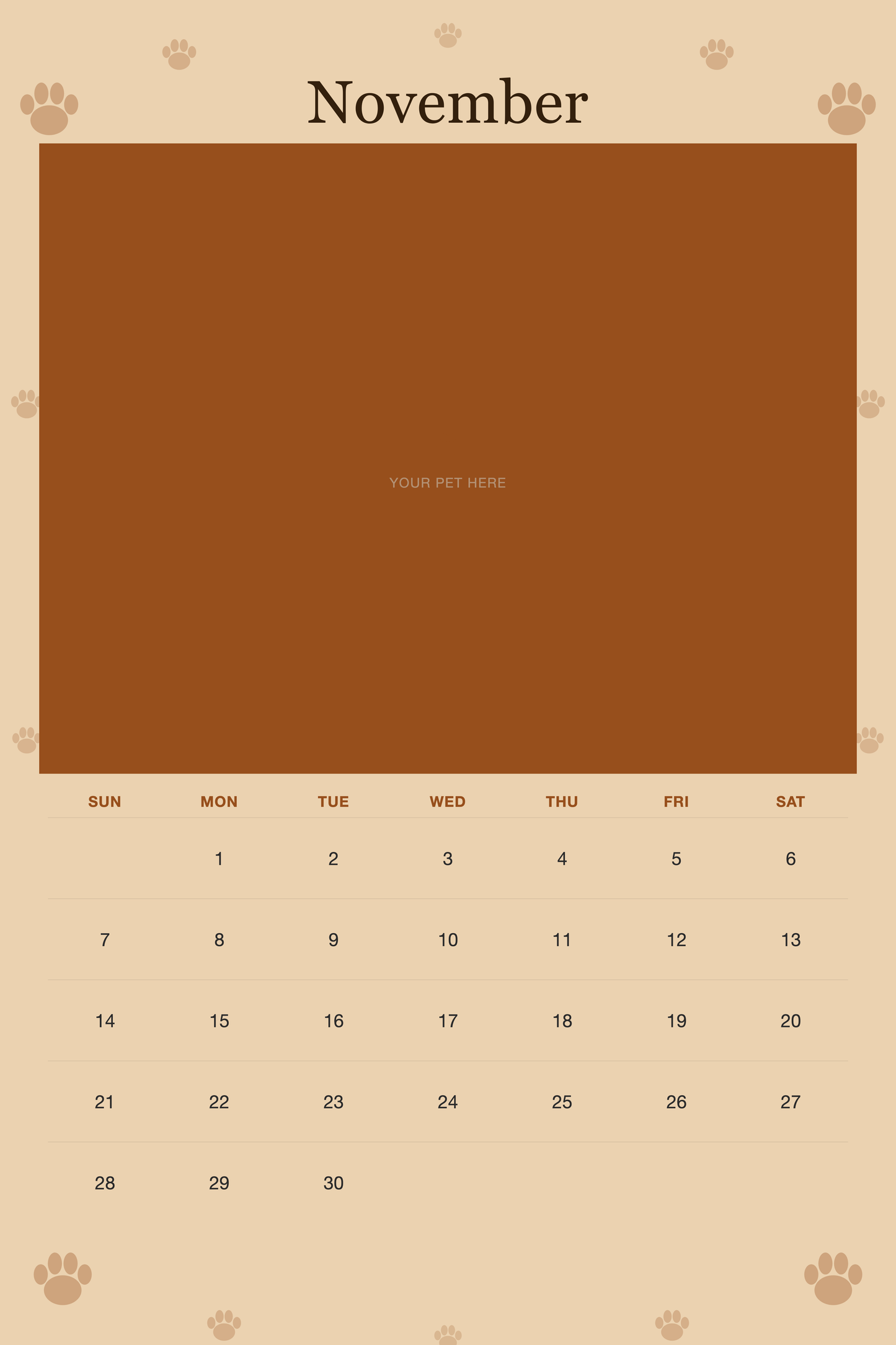 November page of the Personalized Dog Photo Wall Calendar 2027, with a photo area above the date grid