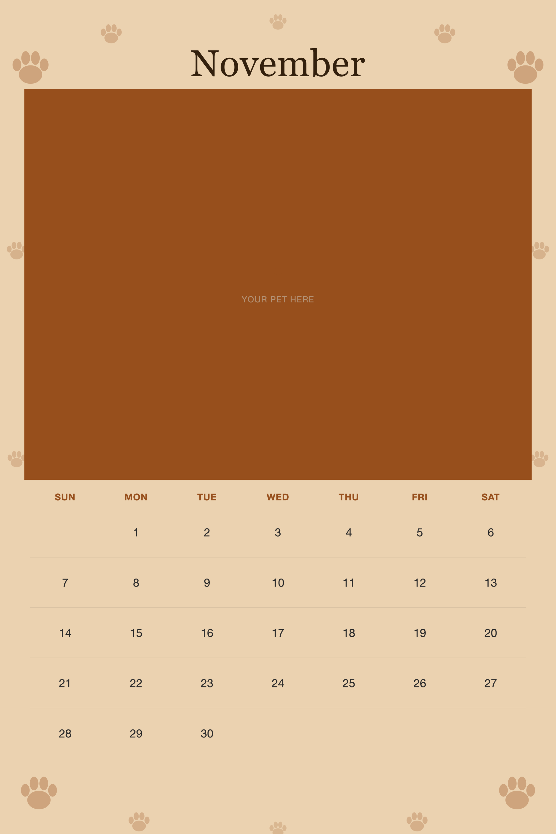 November page of the Personalized Dog Photo Wall Calendar 2027, with a photo area above the date grid