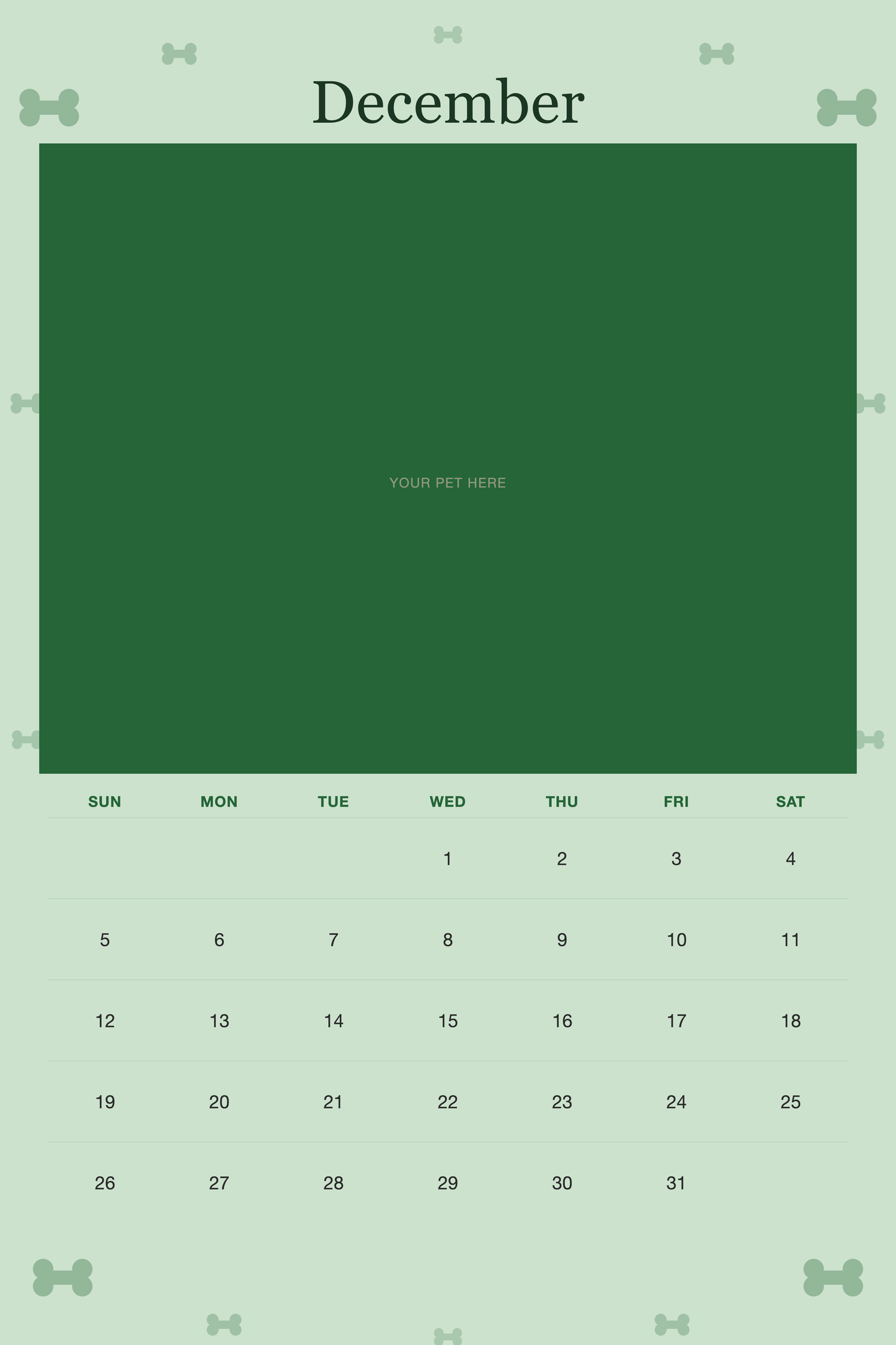 December page of the Personalized Dog Photo Wall Calendar 2027, with a photo area above the date grid