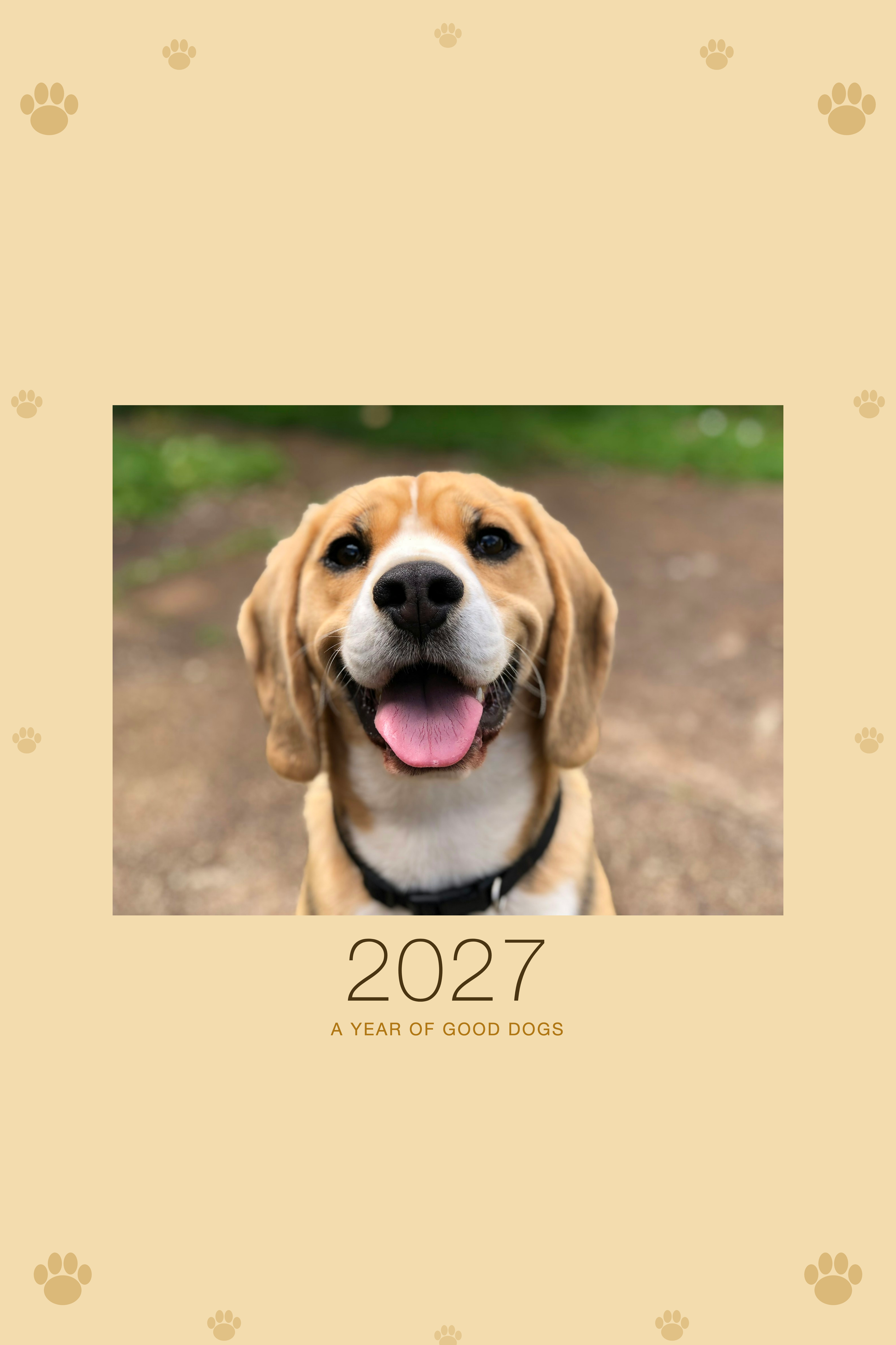 Personalized Dog Photo Wall Calendar 2027 shown with a sample pet photo on the cover