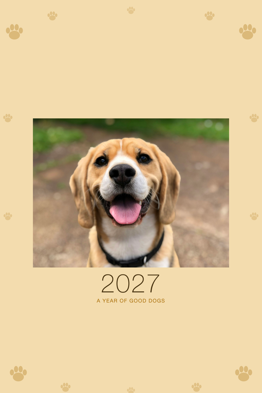 Personalized Dog Photo Wall Calendar 2027 shown with a sample pet photo on the cover