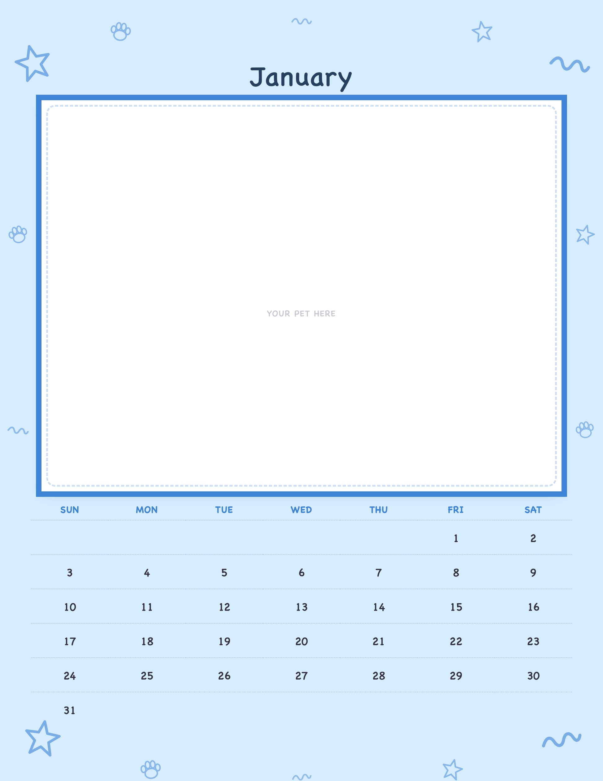 January page of the Personalized Pet Photo Calendar 2027 — Playful Doodle, with a photo area above the date grid
