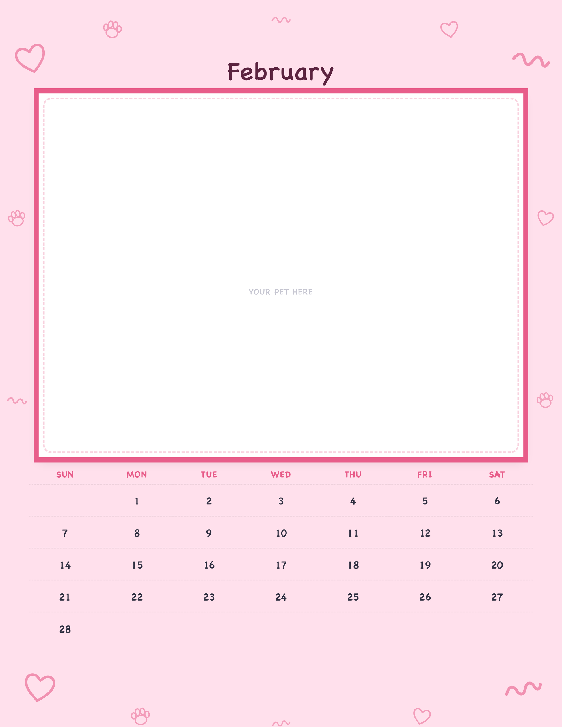 February page of the Personalized Pet Photo Calendar 2027 — Playful Doodle, with a photo area above the date grid
