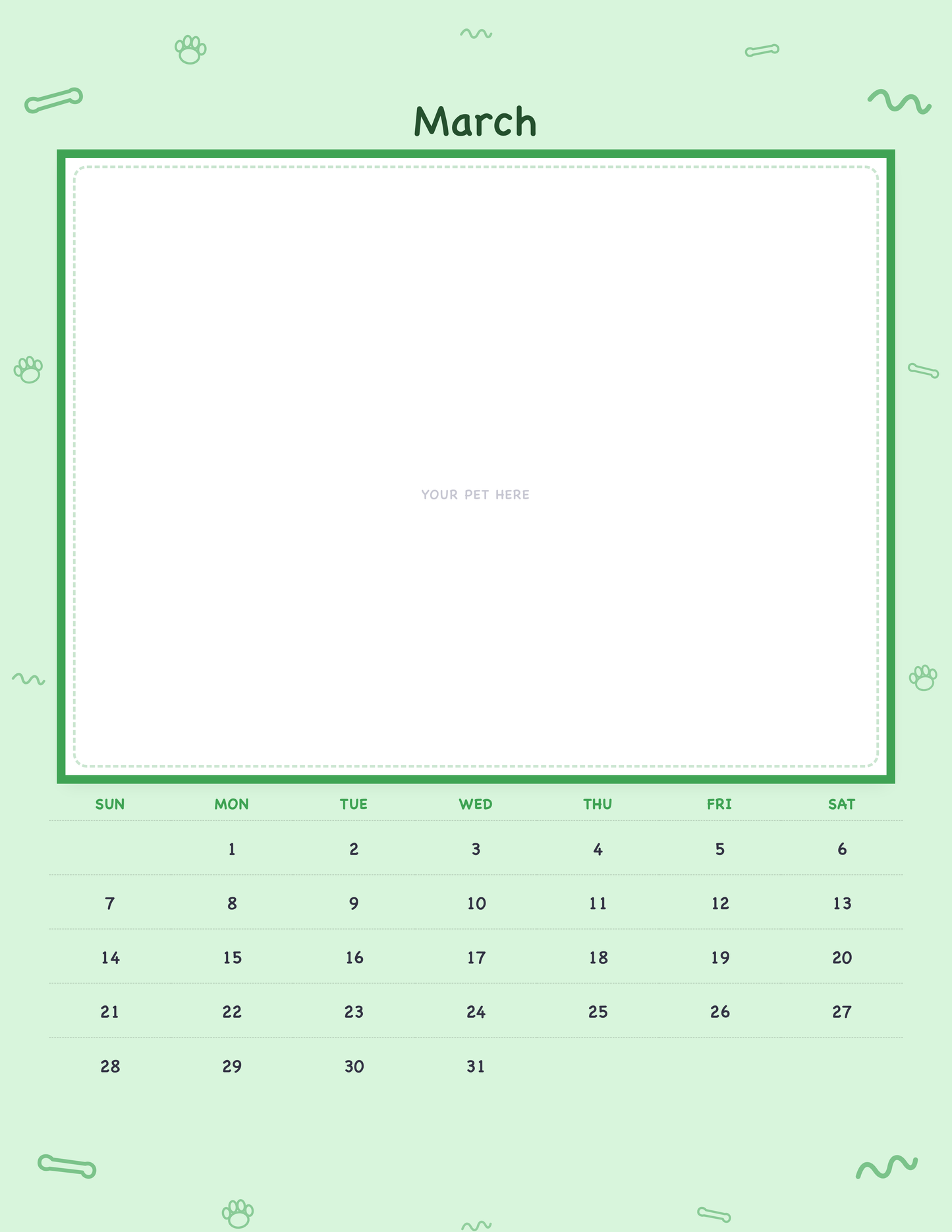 March page of the Personalized Pet Photo Calendar 2027 — Playful Doodle, with a photo area above the date grid