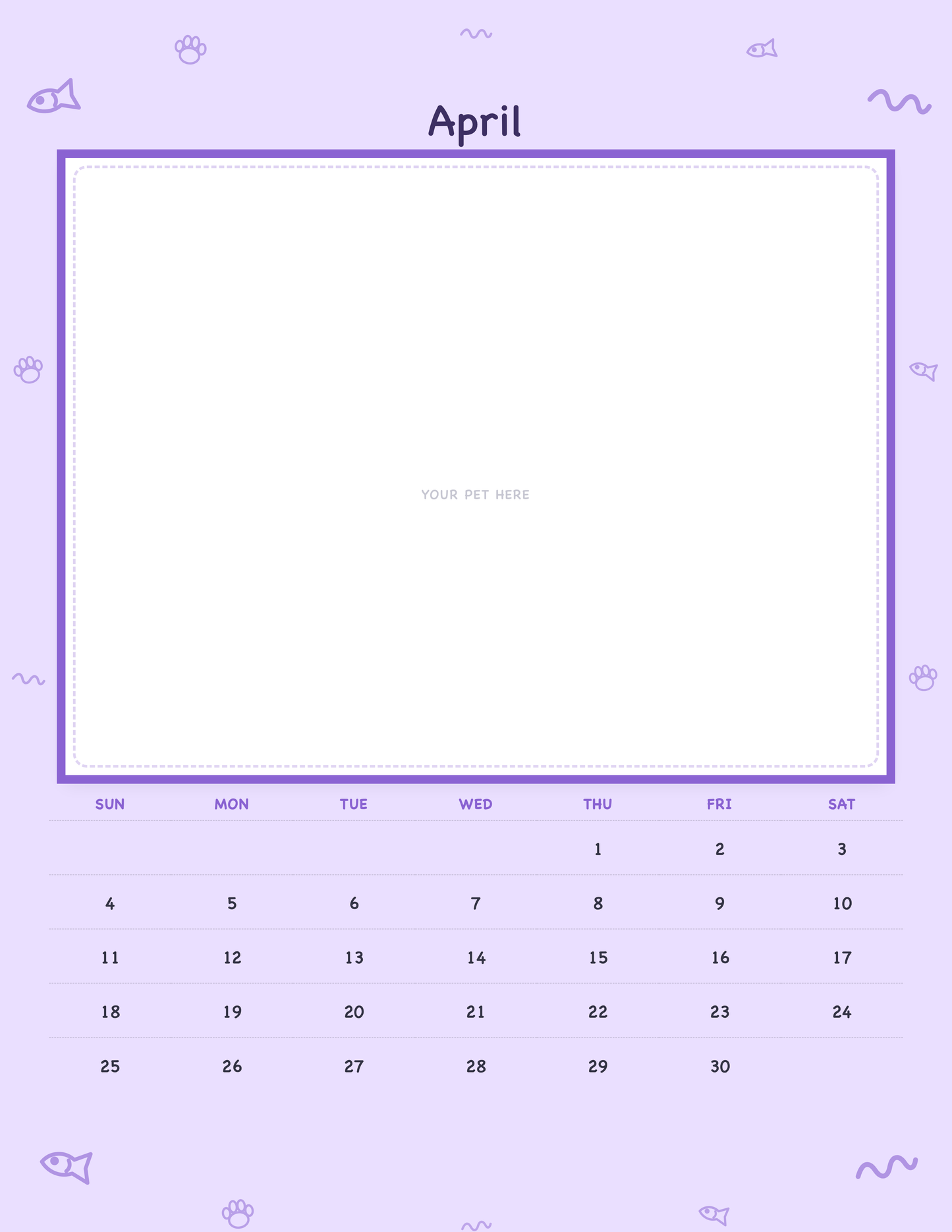 April page of the Personalized Pet Photo Calendar 2027 — Playful Doodle, with a photo area above the date grid