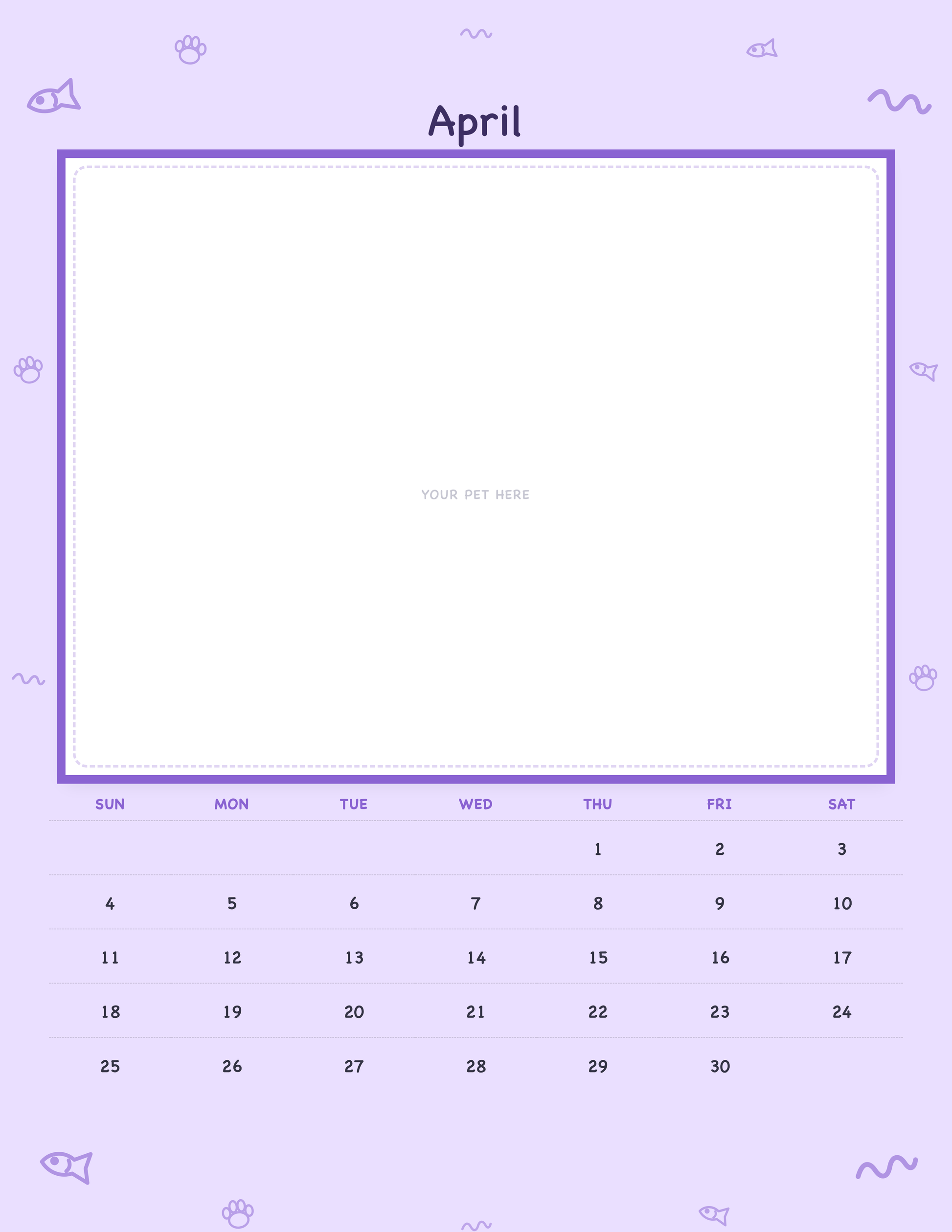 April page of the Personalized Pet Photo Calendar 2027 — Playful Doodle, with a photo area above the date grid