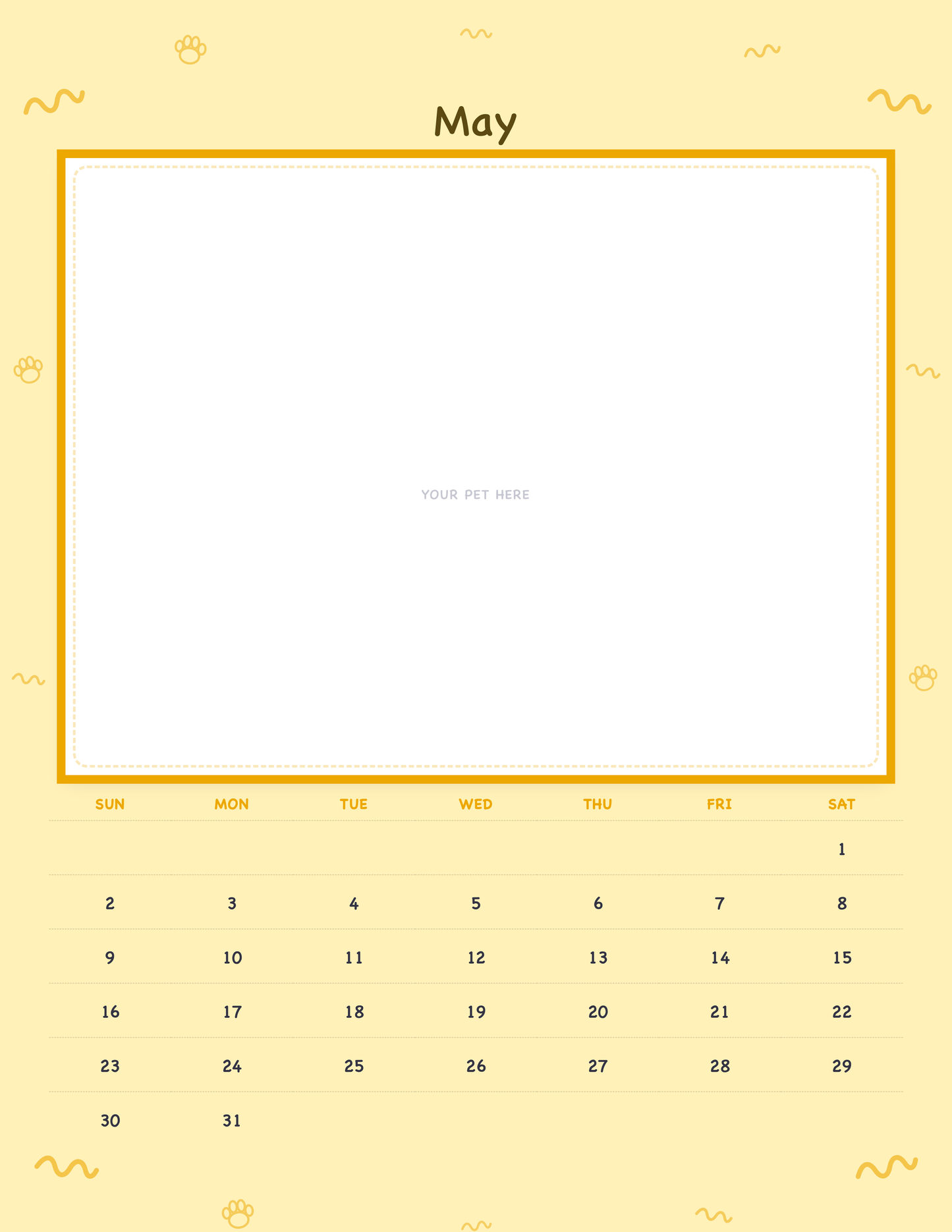May page of the Personalized Pet Photo Calendar 2027 — Playful Doodle, with a photo area above the date grid