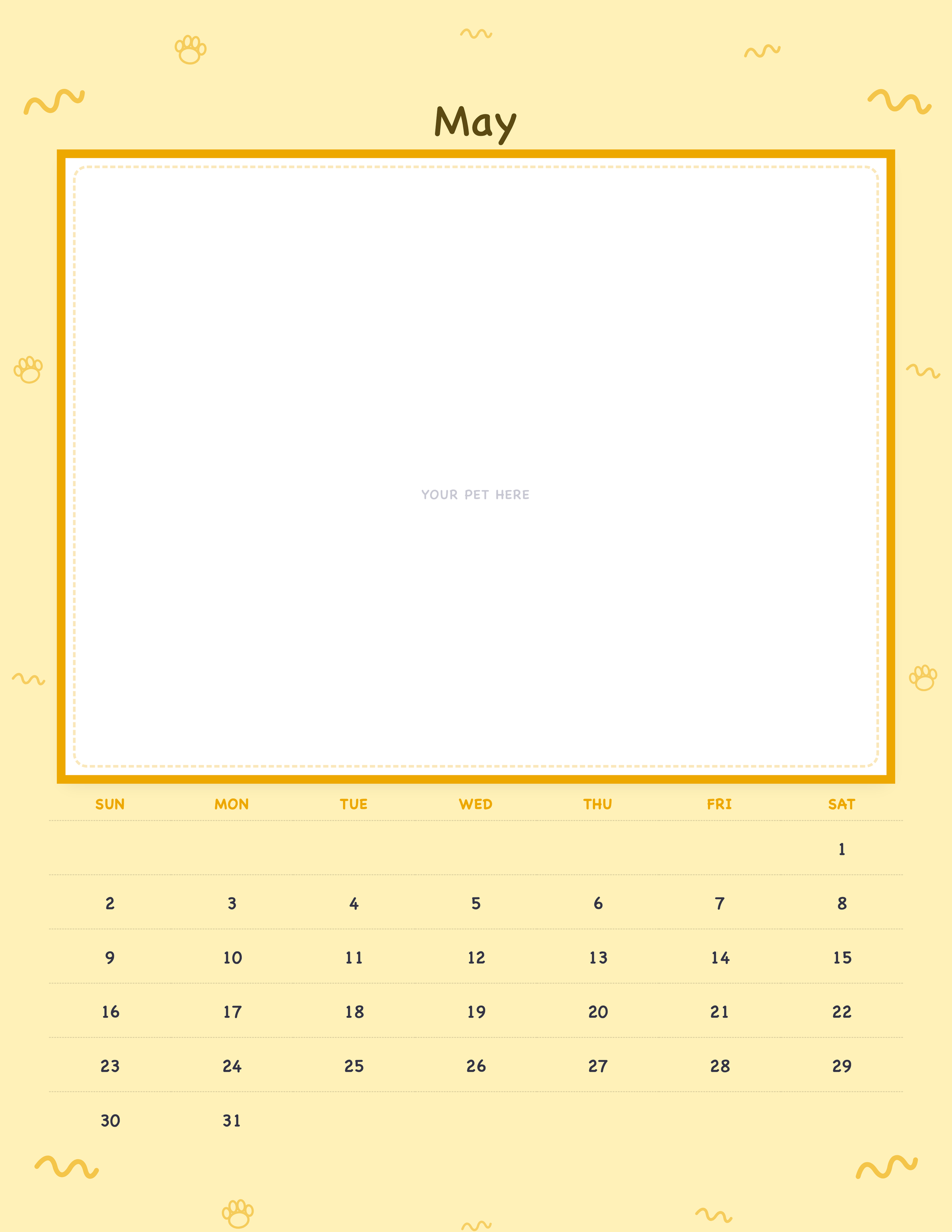 May page of the Personalized Pet Photo Calendar 2027 — Playful Doodle, with a photo area above the date grid