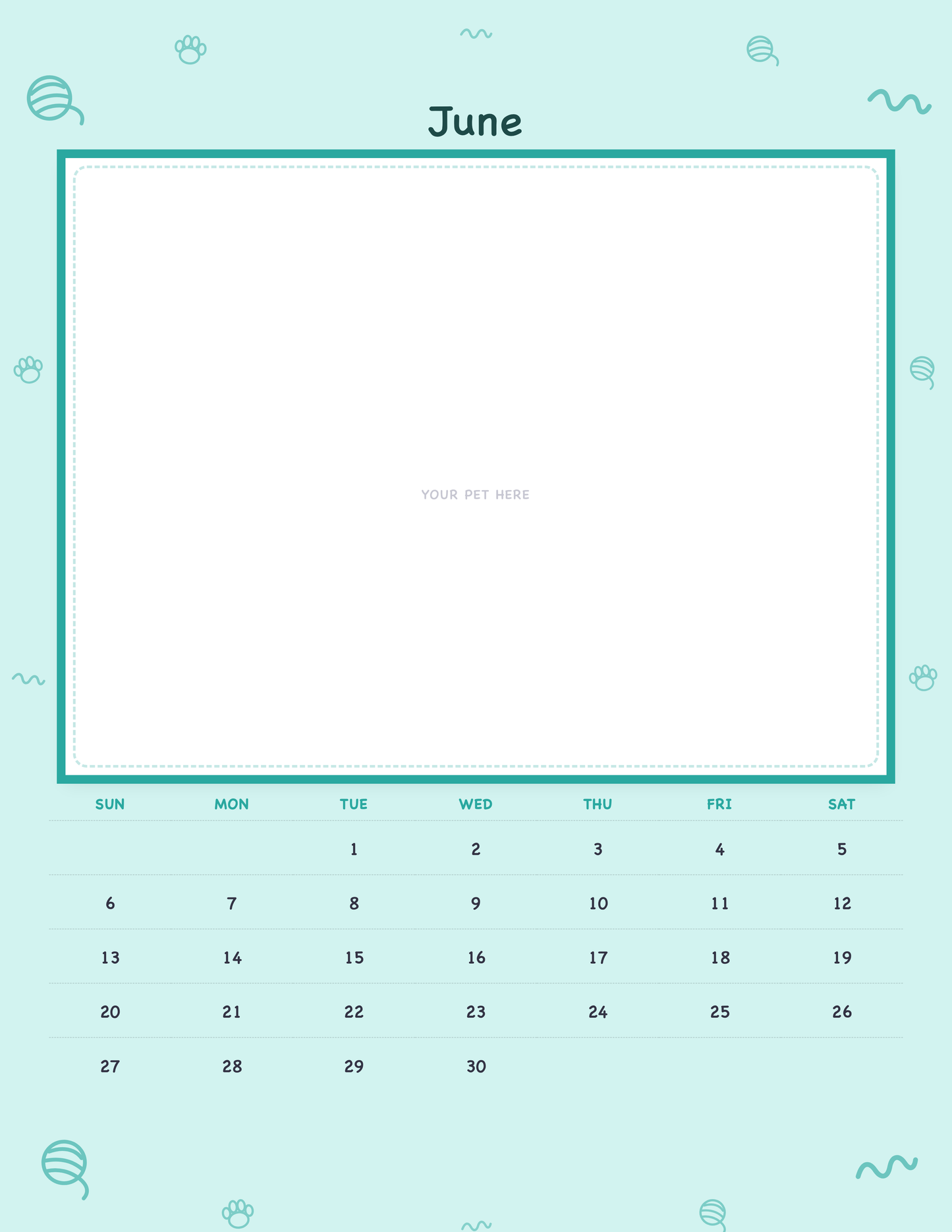 June page of the Personalized Pet Photo Calendar 2027 — Playful Doodle, with a photo area above the date grid