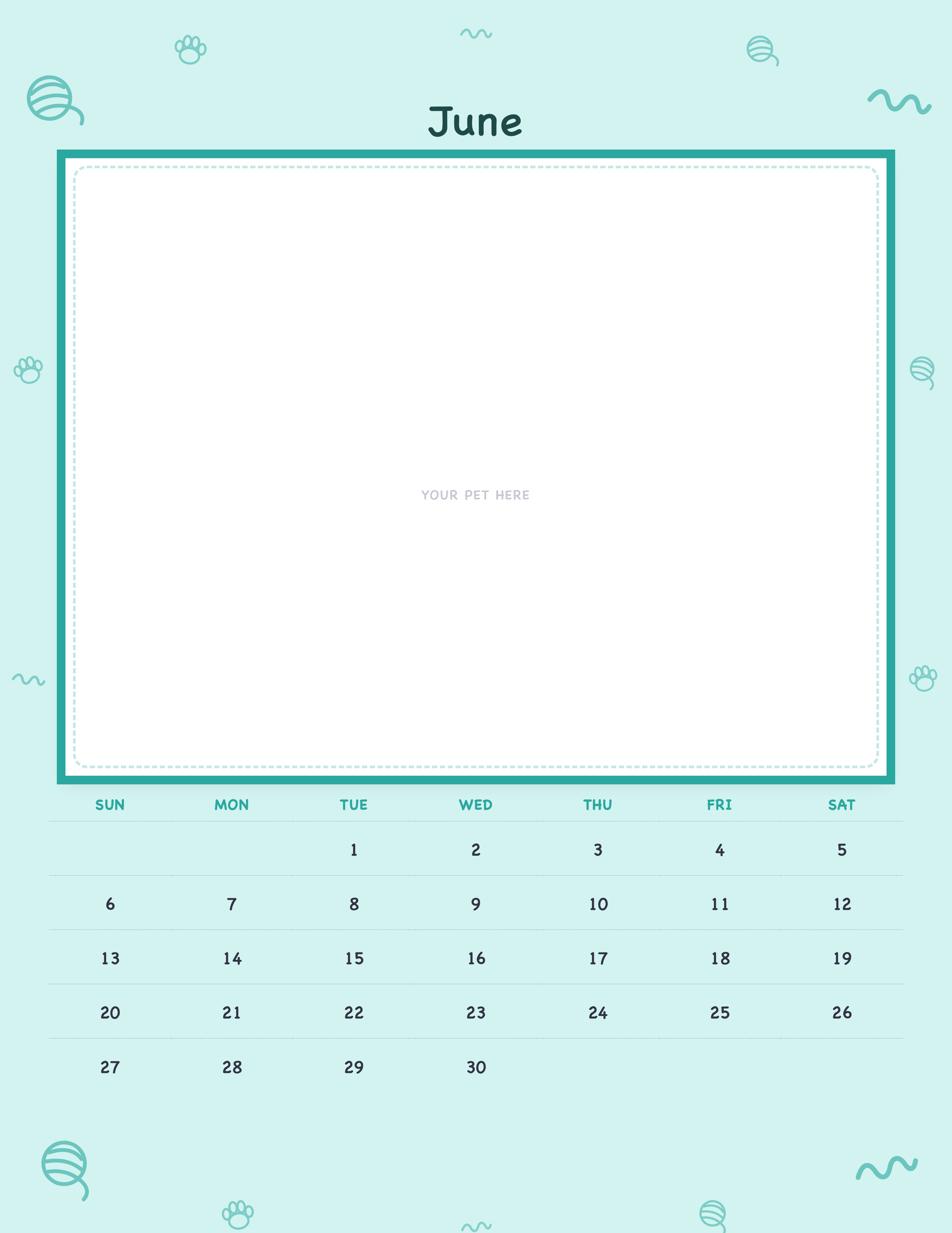 June page of the Personalized Pet Photo Calendar 2027 — Playful Doodle, with a photo area above the date grid