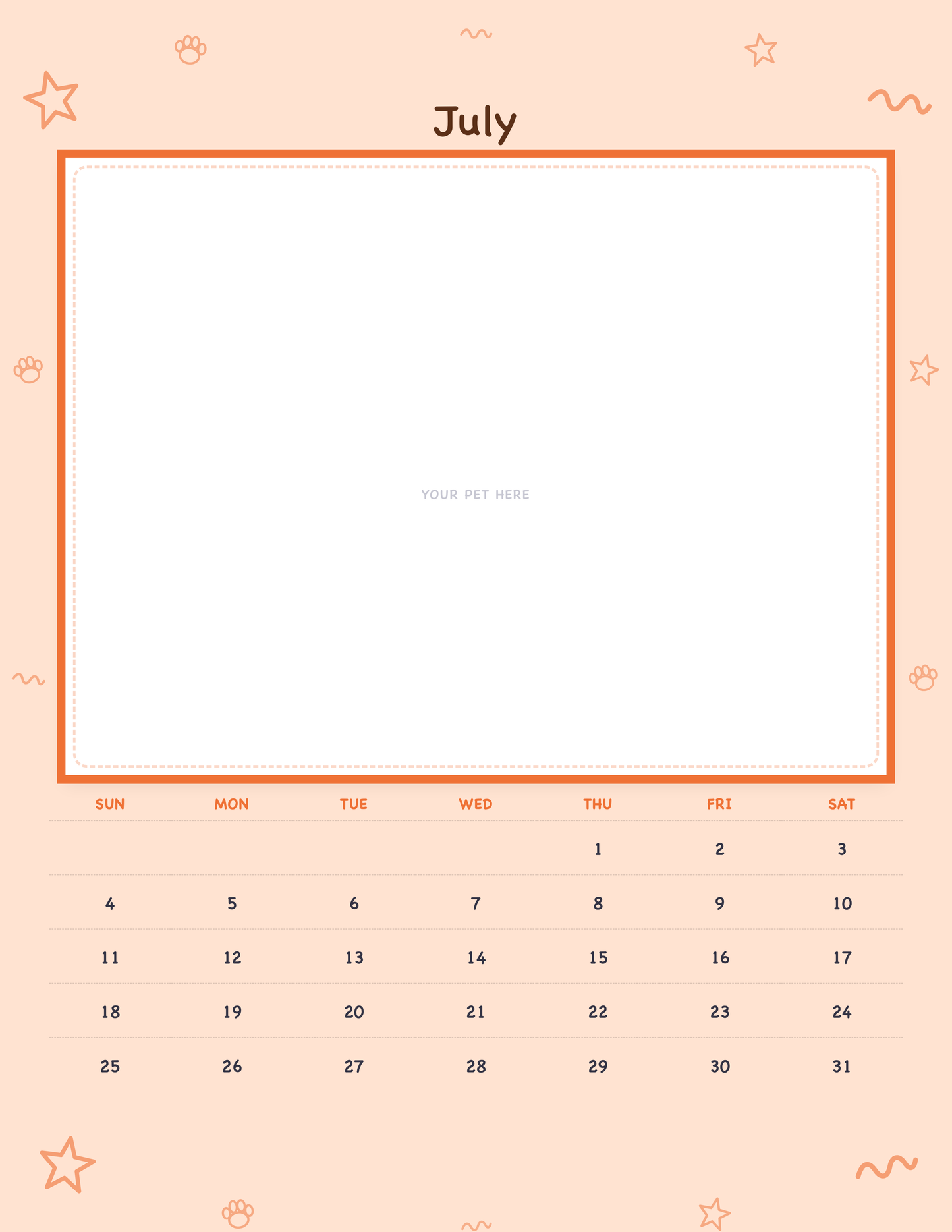 July page of the Personalized Pet Photo Calendar 2027 — Playful Doodle, with a photo area above the date grid