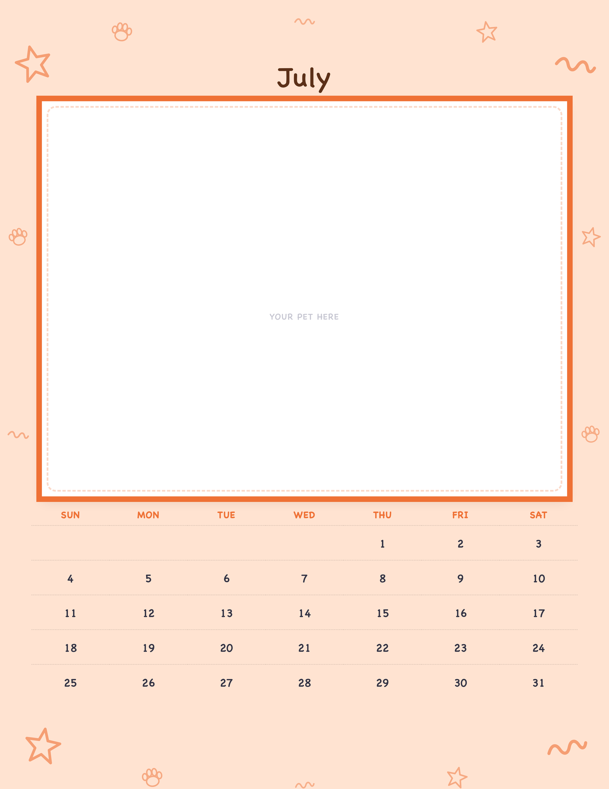 July page of the Personalized Pet Photo Calendar 2027 — Playful Doodle, with a photo area above the date grid