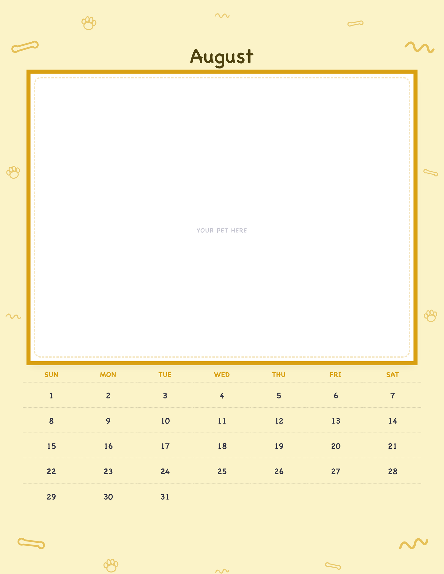 August page of the Personalized Pet Photo Calendar 2027 — Playful Doodle, with a photo area above the date grid