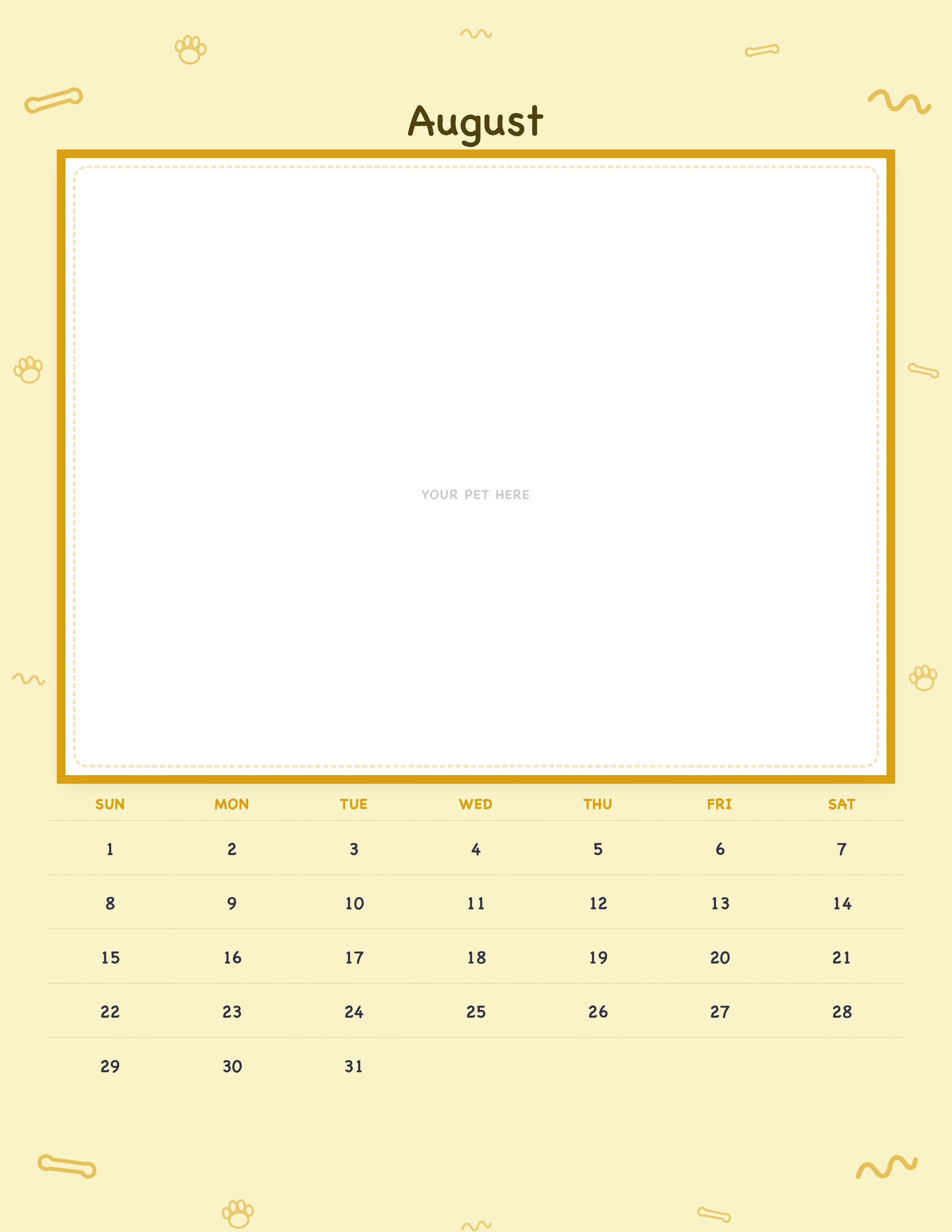August page of the Personalized Pet Photo Calendar 2027 — Playful Doodle, with a photo area above the date grid