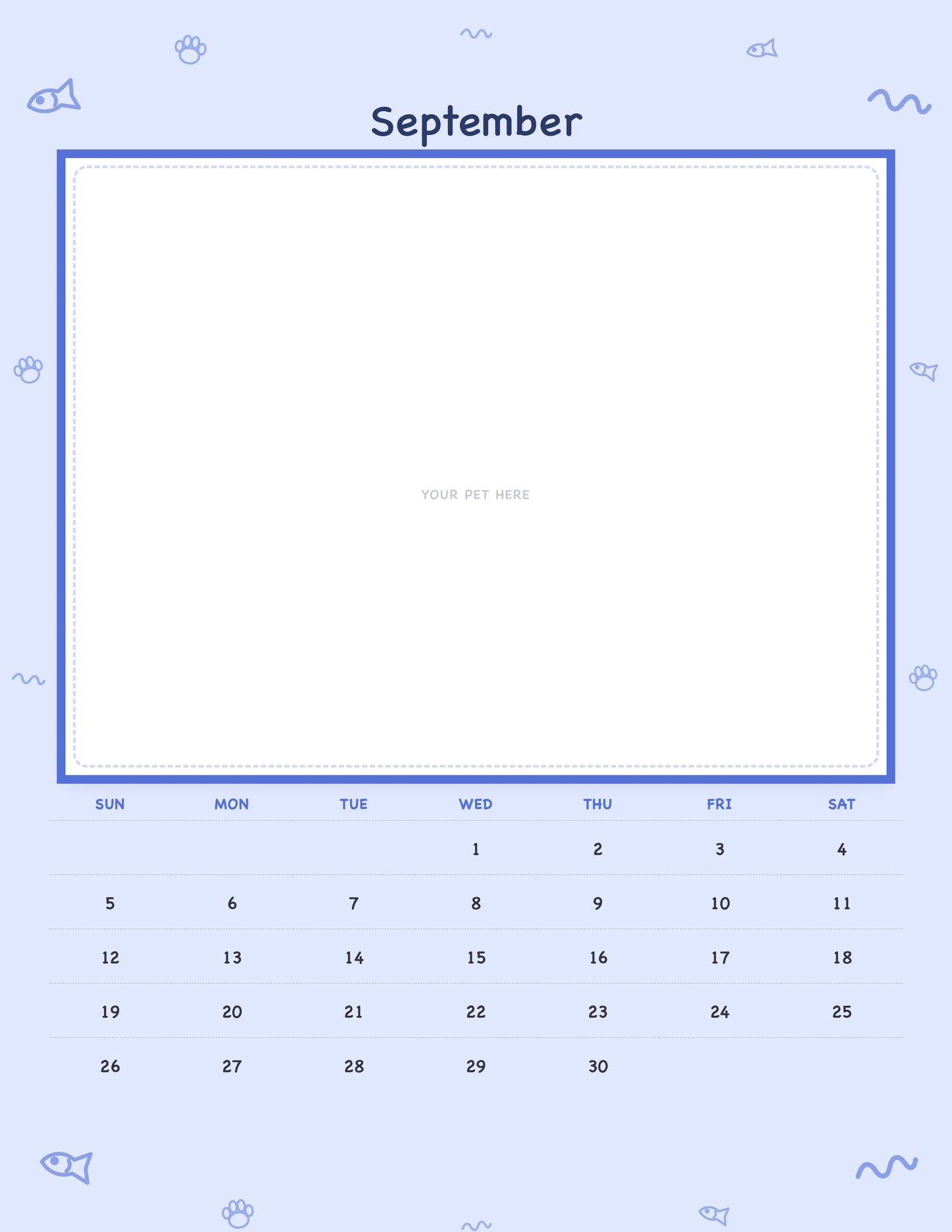September page of the Personalized Pet Photo Calendar 2027 — Playful Doodle, with a photo area above the date grid