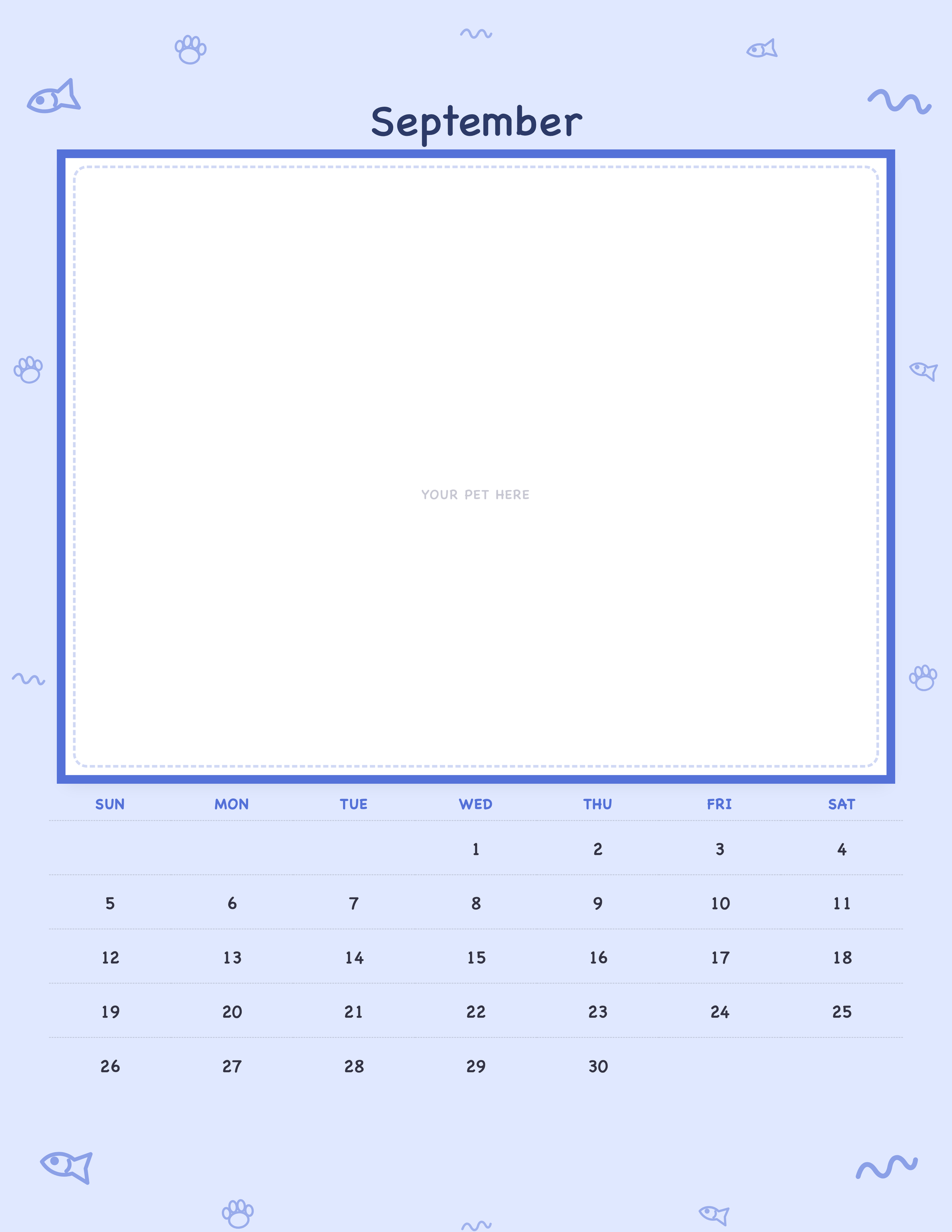 September page of the Personalized Pet Photo Calendar 2027 — Playful Doodle, with a photo area above the date grid