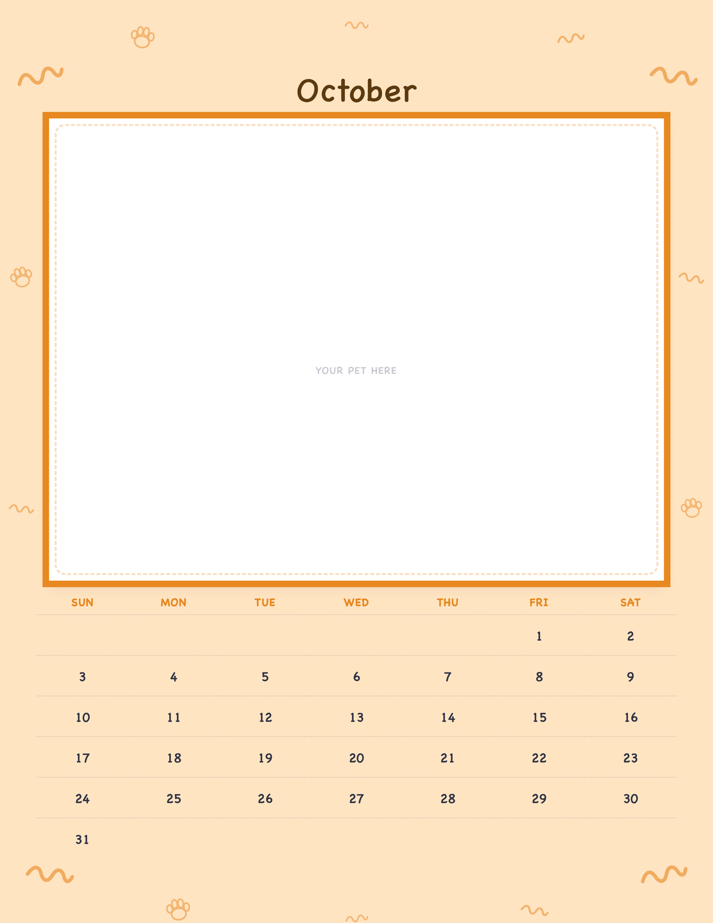 October page of the Personalized Pet Photo Calendar 2027 — Playful Doodle, with a photo area above the date grid