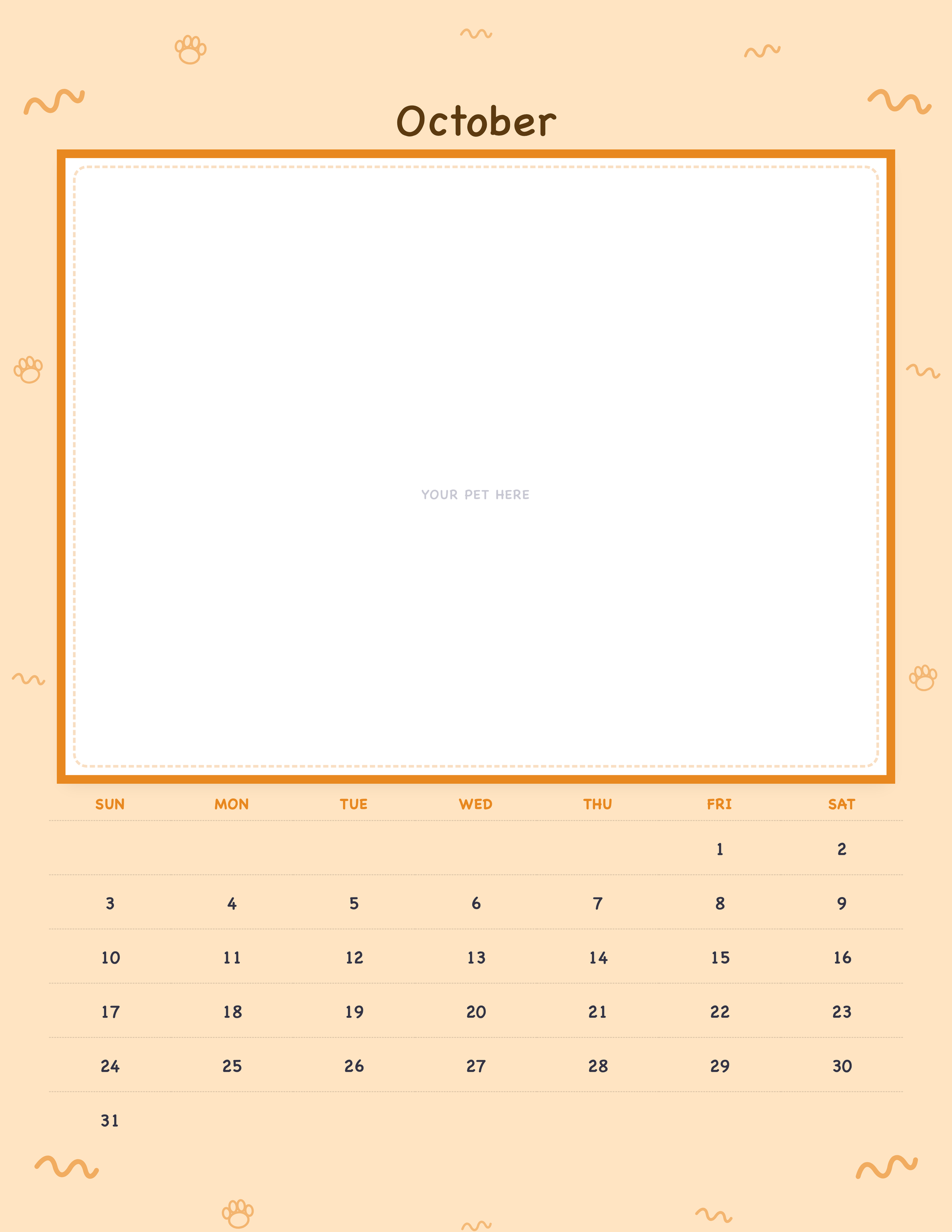 October page of the Personalized Pet Photo Calendar 2027 — Playful Doodle, with a photo area above the date grid