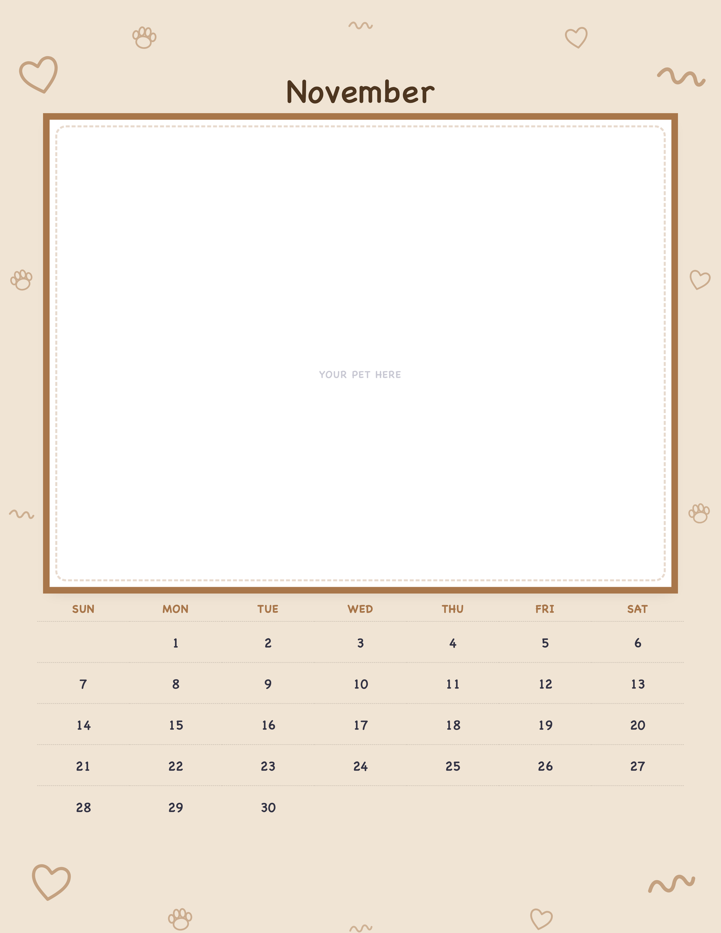 November page of the Personalized Pet Photo Calendar 2027 — Playful Doodle, with a photo area above the date grid