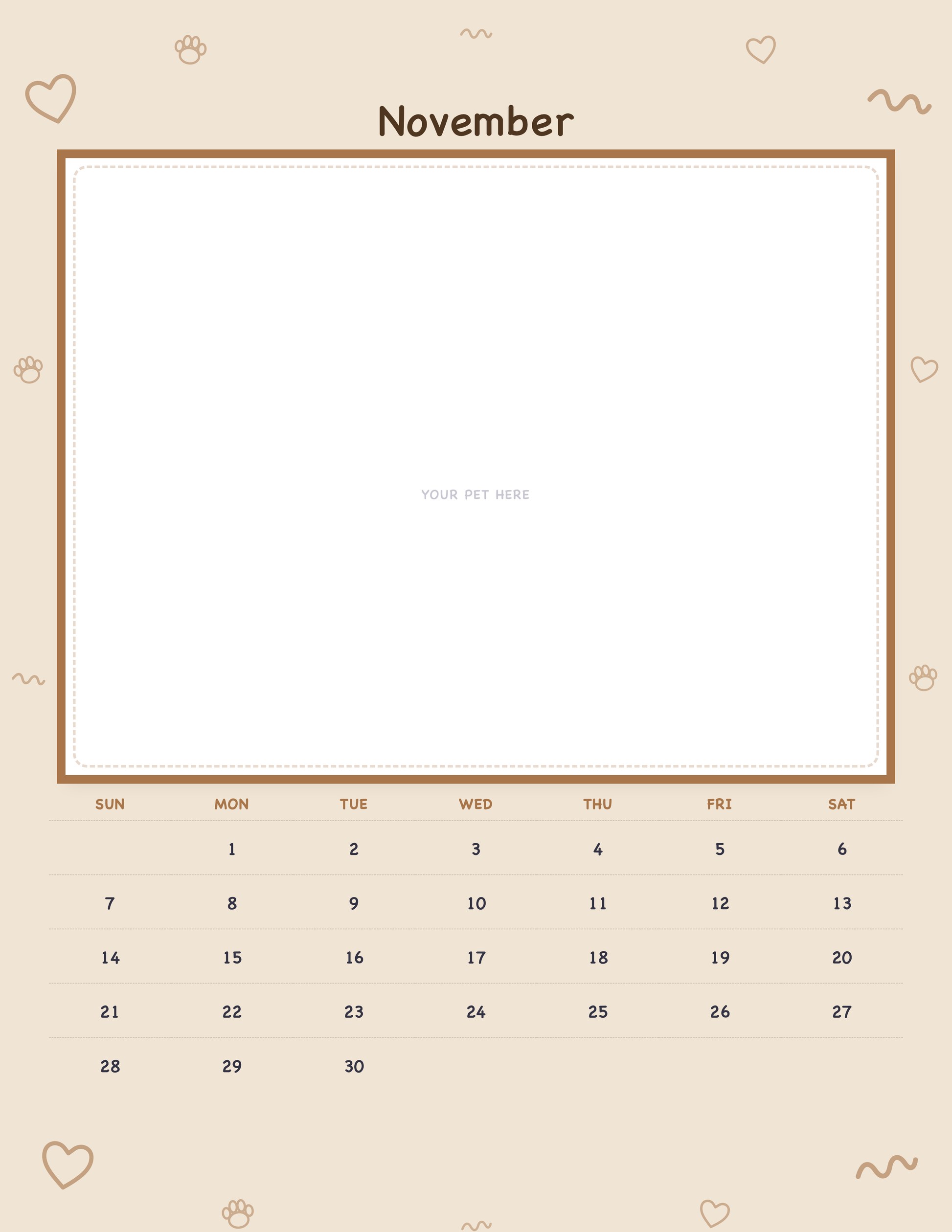 November page of the Personalized Pet Photo Calendar 2027 — Playful Doodle, with a photo area above the date grid