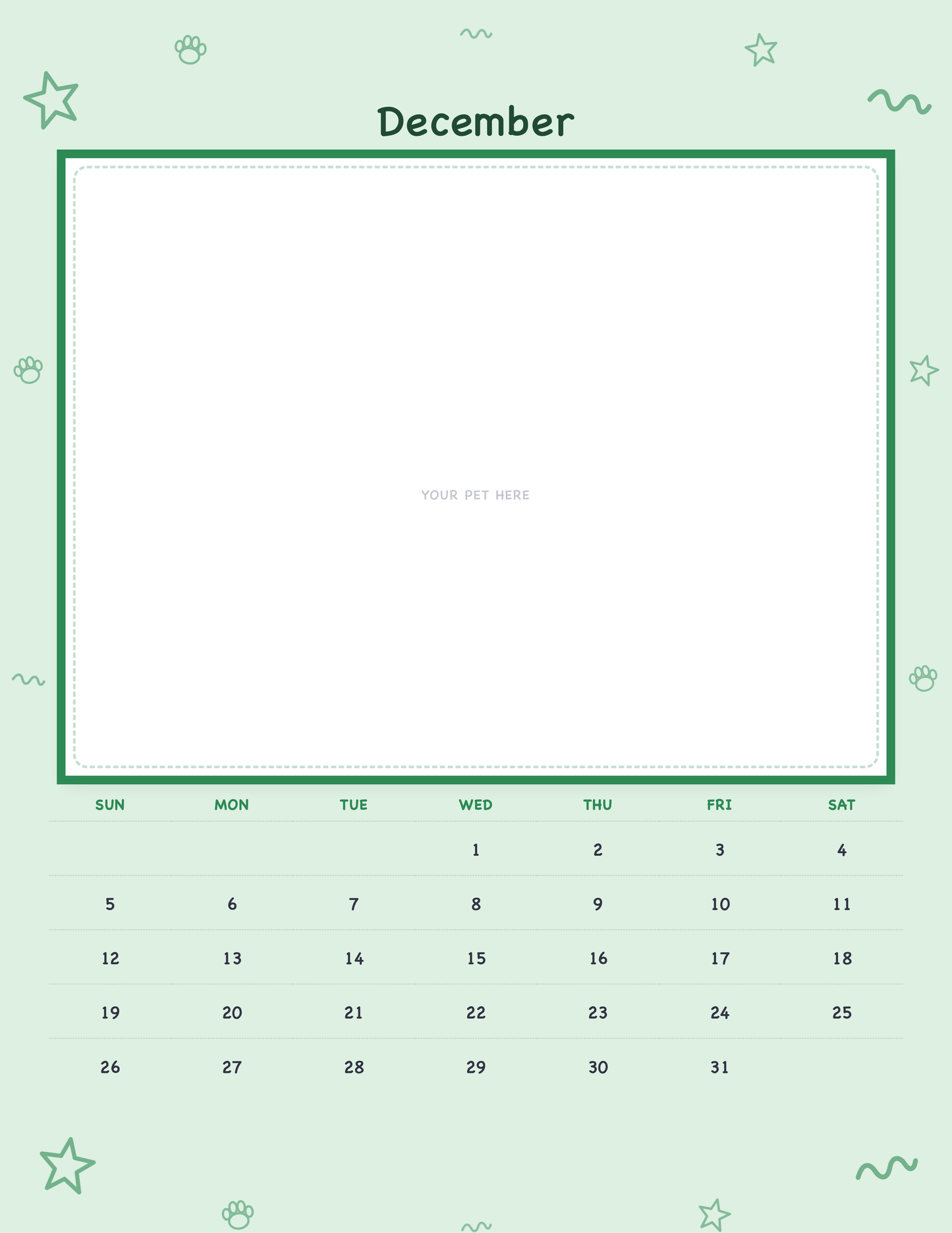 December page of the Personalized Pet Photo Calendar 2027 — Playful Doodle, with a photo area above the date grid