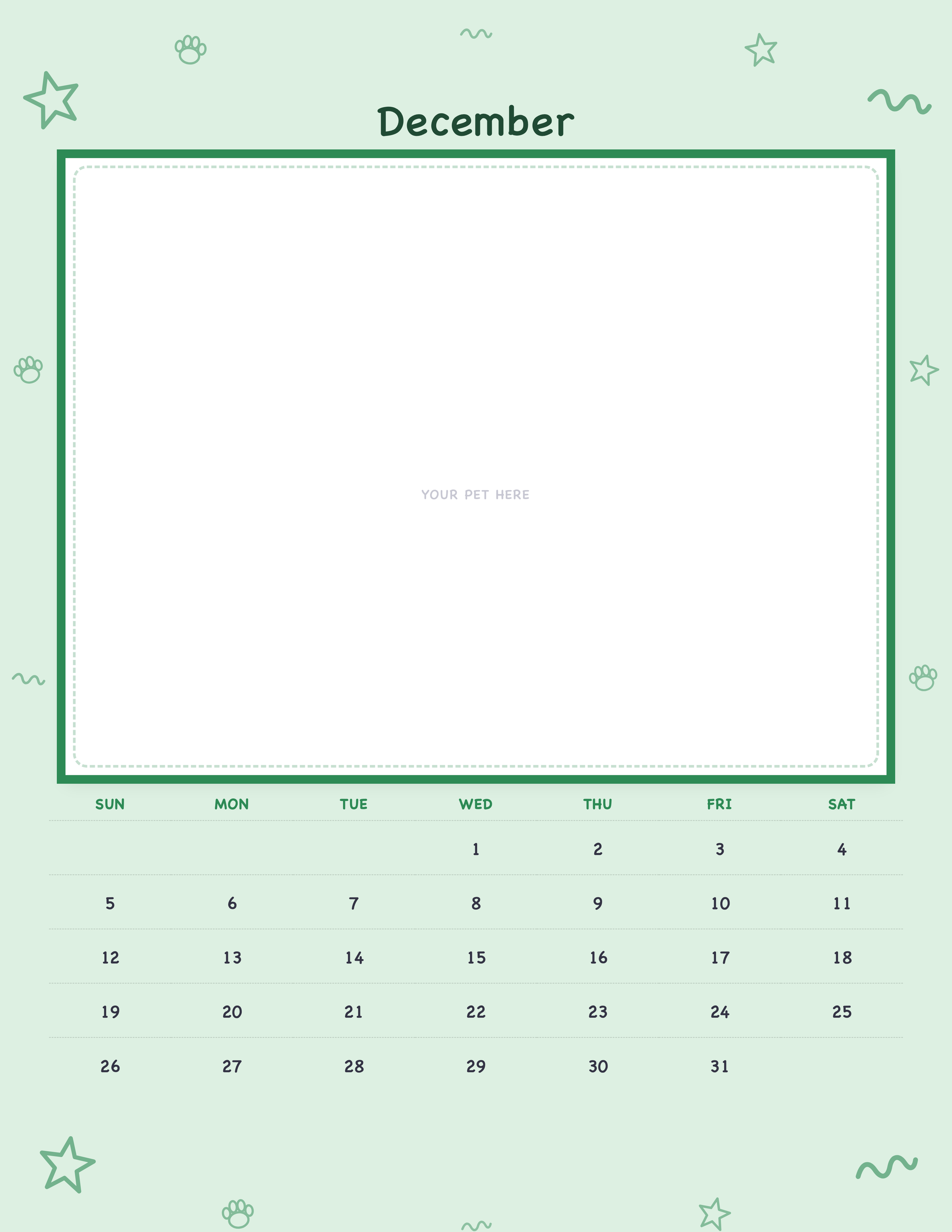 December page of the Personalized Pet Photo Calendar 2027 — Playful Doodle, with a photo area above the date grid