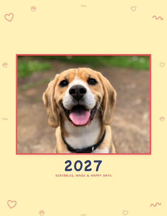 Personalized Pet Photo Calendar 2027 — Playful Doodle shown with a sample pet photo on the cover