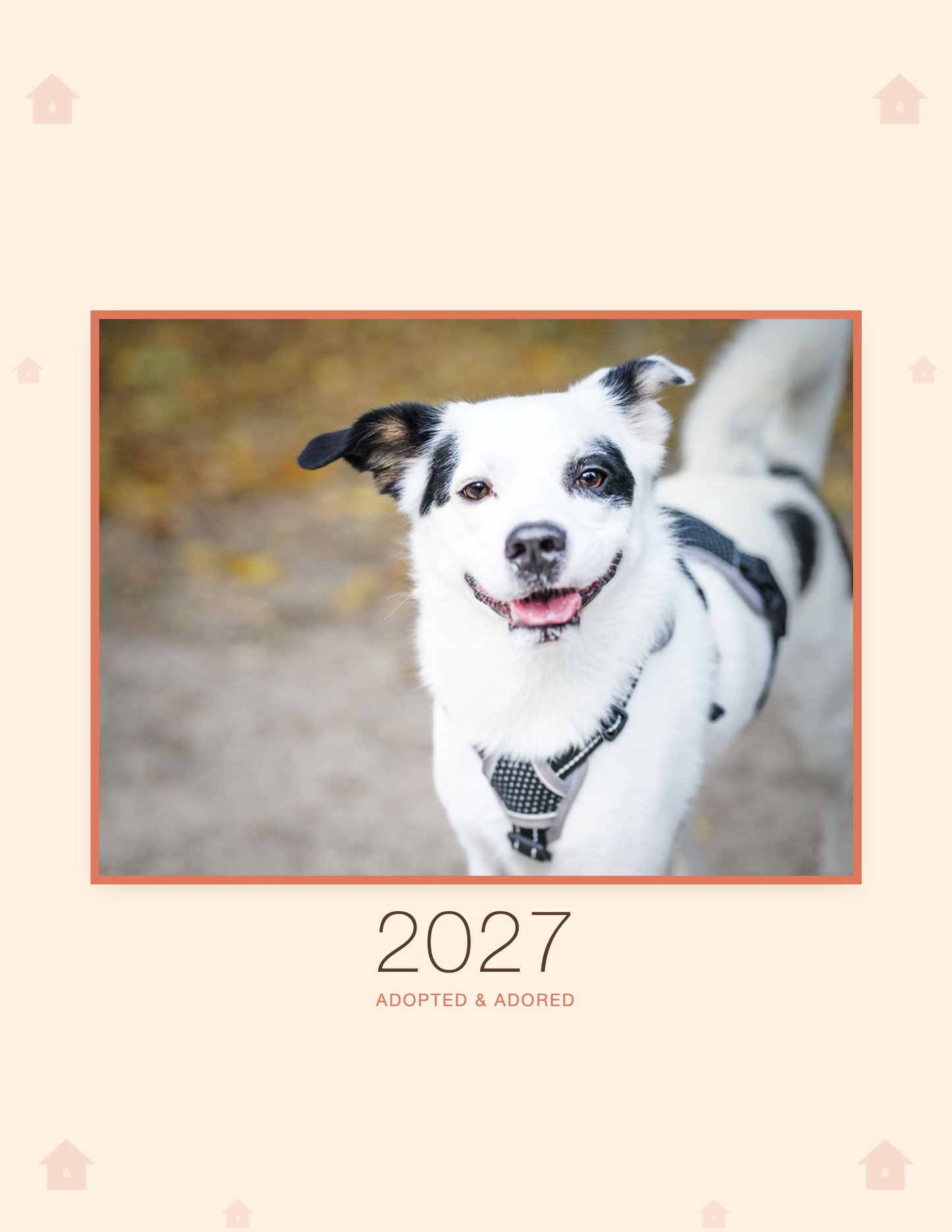 Pet Gotcha Day Calendar 2027 — Adopted & Adored shown with a sample pet photo on the cover