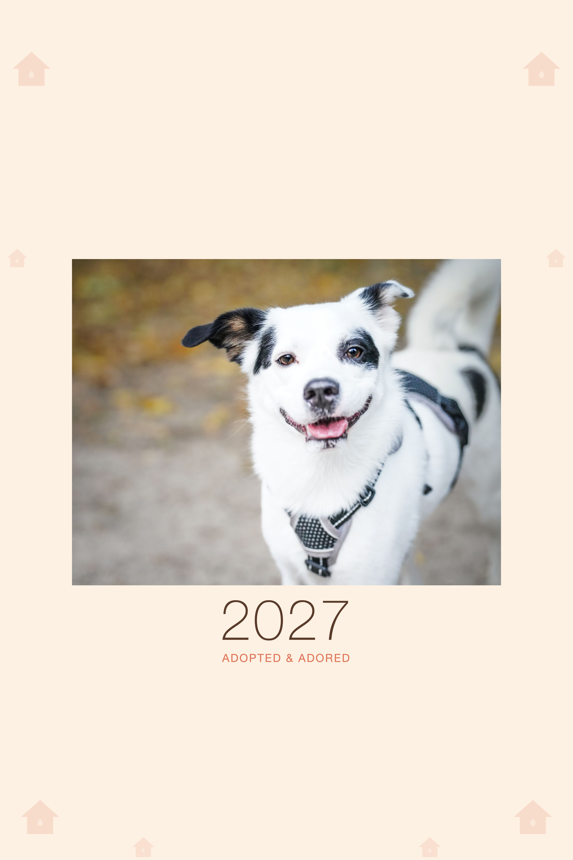 Pet Gotcha Day Calendar 2027 — Adopted & Adored shown with a sample pet photo on the cover