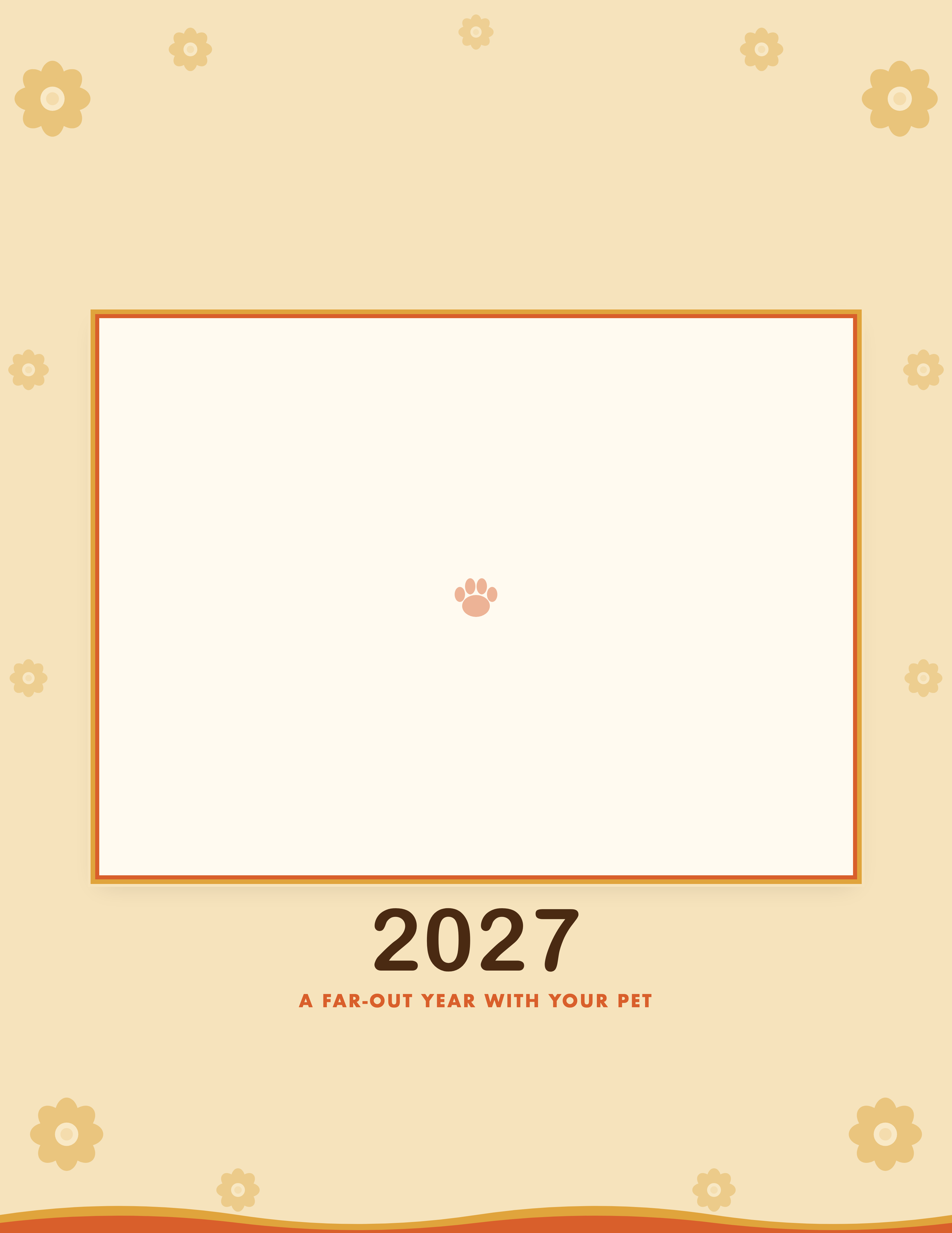 Cover of the Personalized Pet Photo Calendar 2027 — Retro Groovy, with space for your pet's photo and name