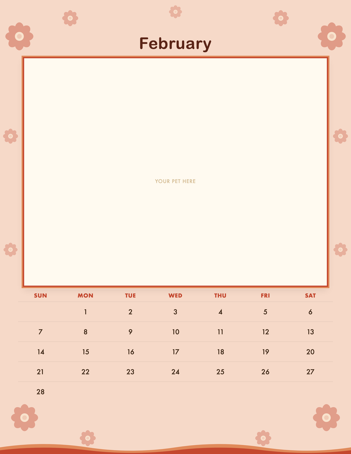 February page of the Personalized Pet Photo Calendar 2027 — Retro Groovy, with a photo area above the date grid