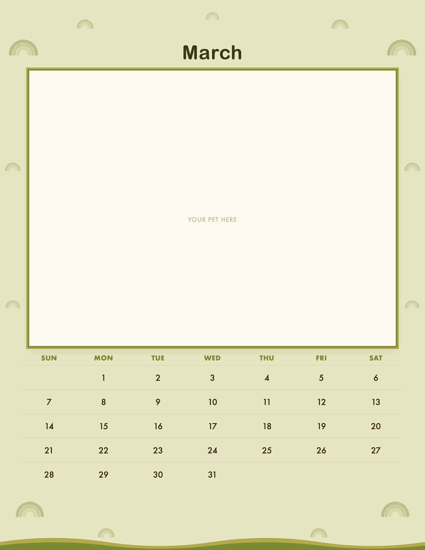 March page of the Personalized Pet Photo Calendar 2027 — Retro Groovy, with a photo area above the date grid