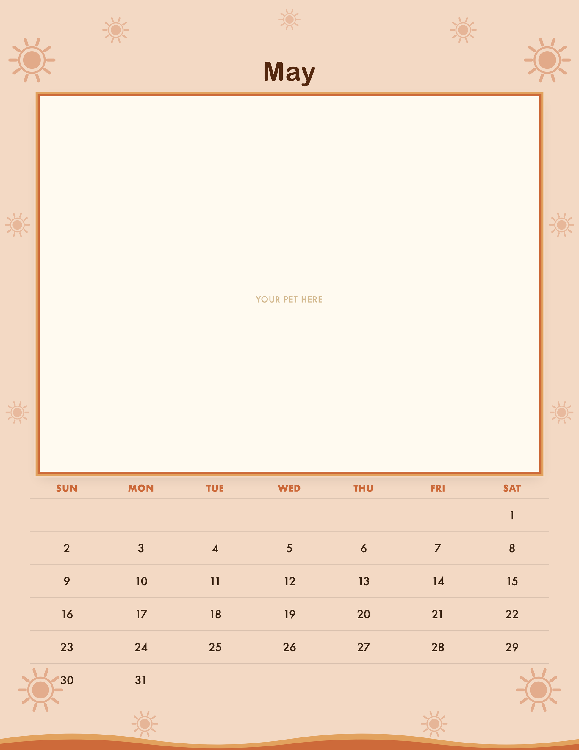 May page of the Personalized Pet Photo Calendar 2027 — Retro Groovy, with a photo area above the date grid