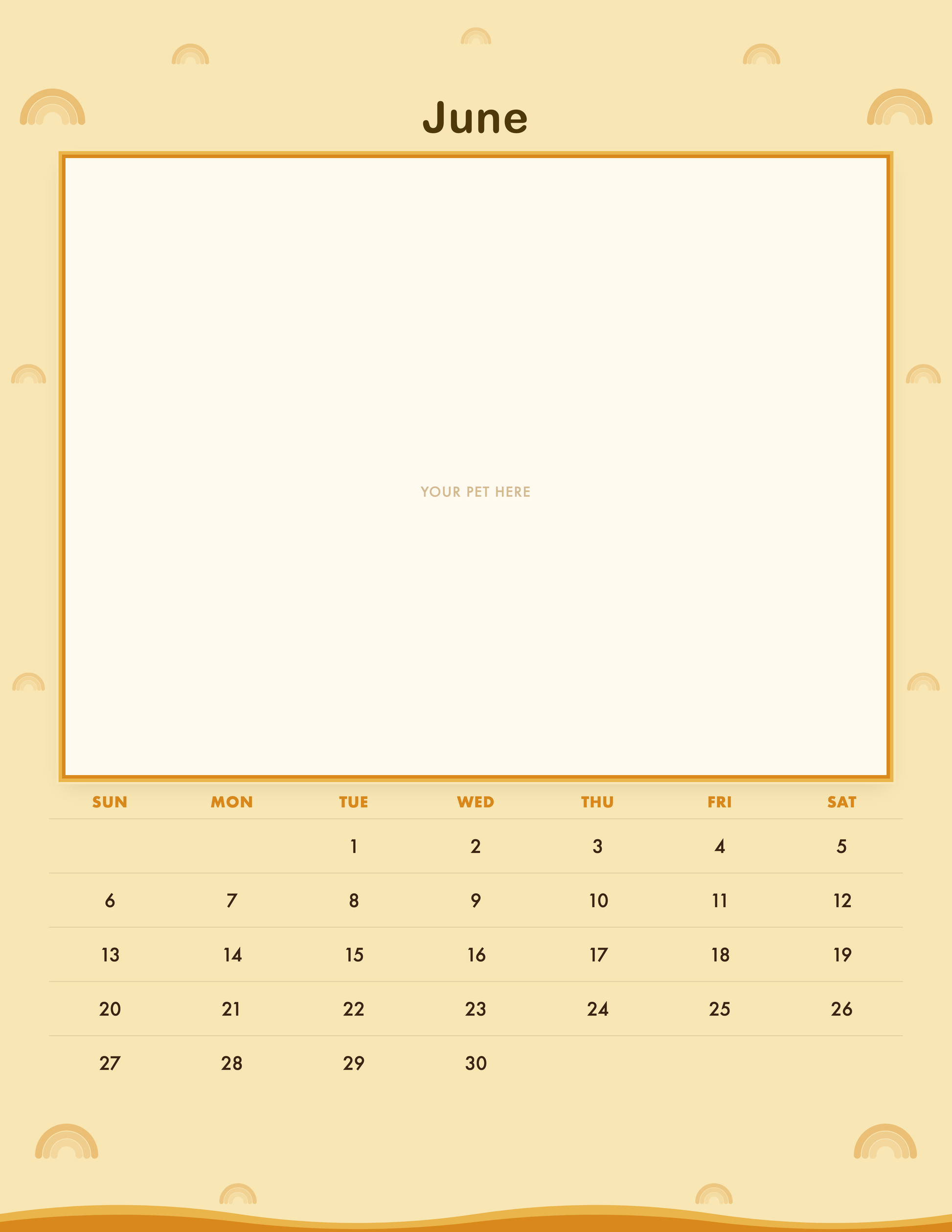 June page of the Personalized Pet Photo Calendar 2027 — Retro Groovy, with a photo area above the date grid
