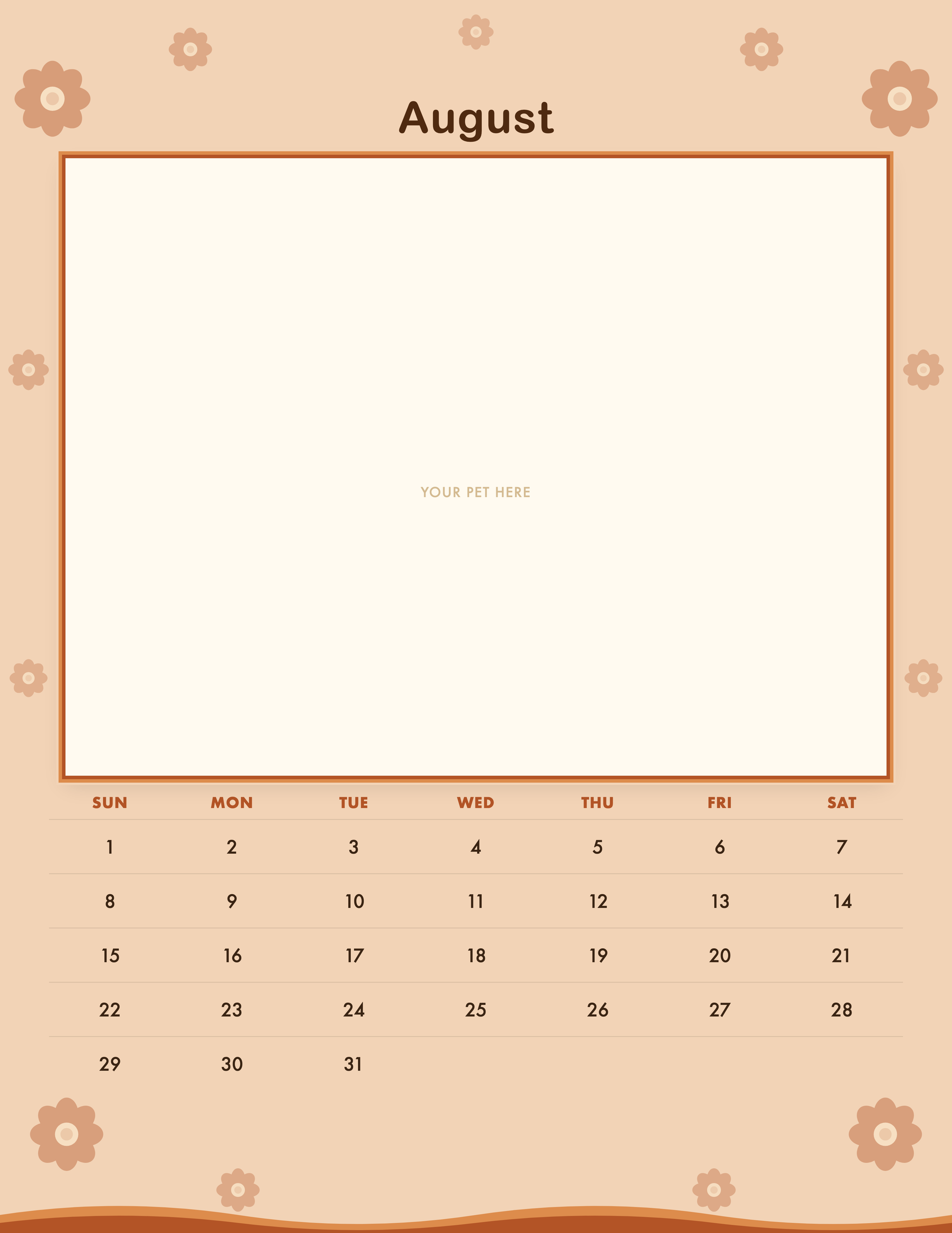 August page of the Personalized Pet Photo Calendar 2027 — Retro Groovy, with a photo area above the date grid
