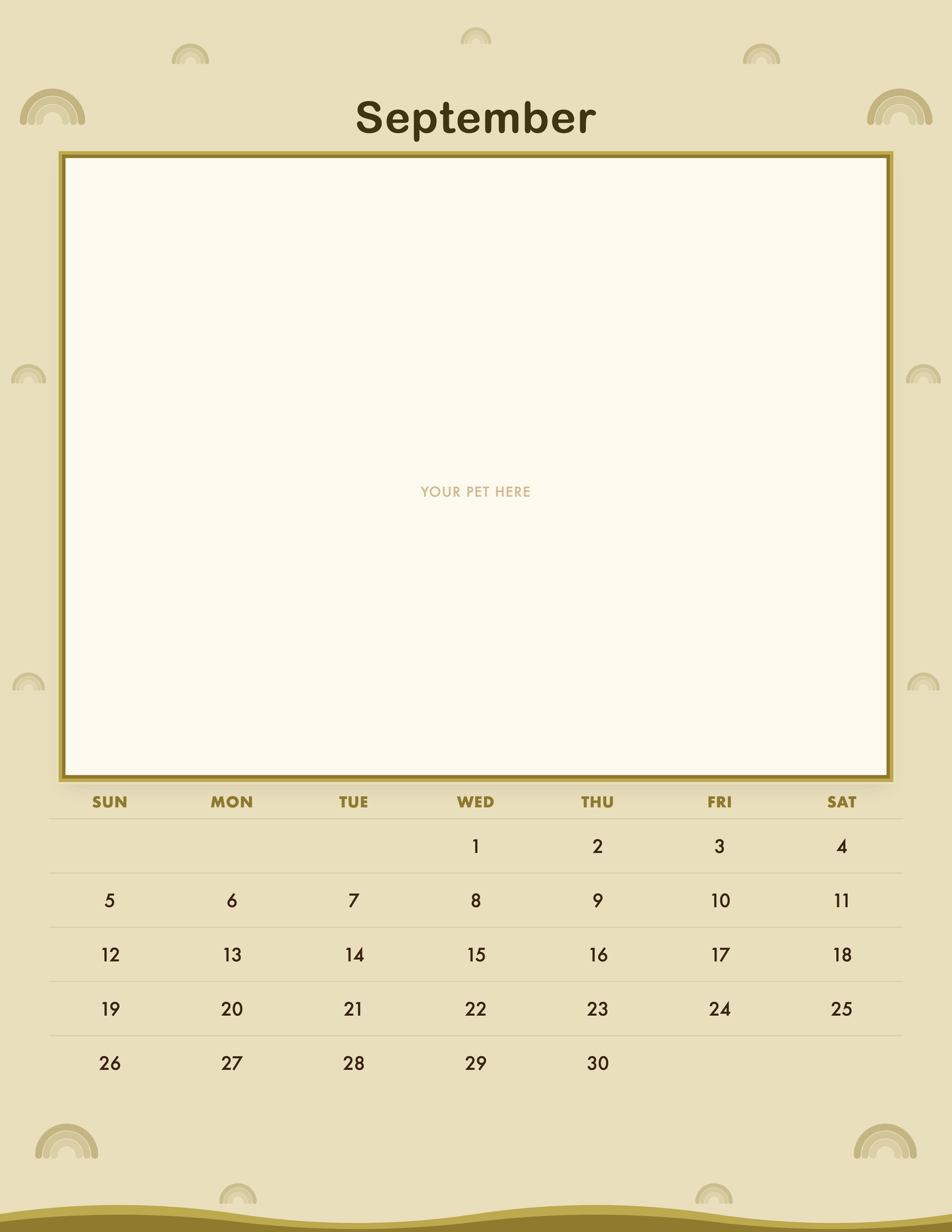 September page of the Personalized Pet Photo Calendar 2027 — Retro Groovy, with a photo area above the date grid
