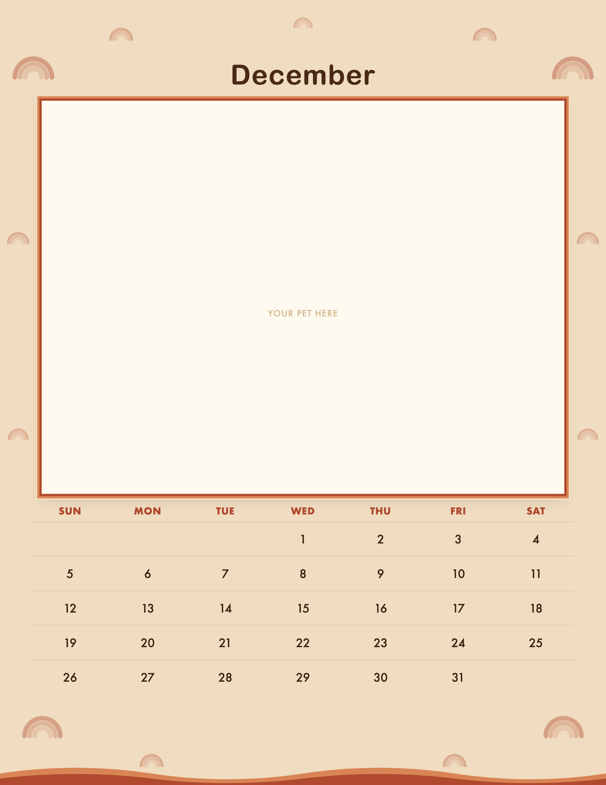 December page of the Personalized Pet Photo Calendar 2027 — Retro Groovy, with a photo area above the date grid